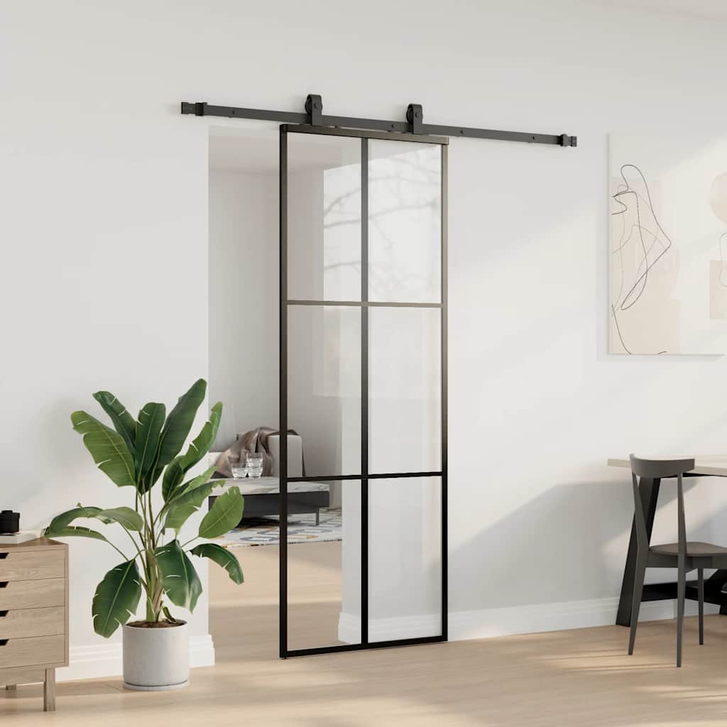 Fekete esg üveg tolóajtó fémszerelvény-szettel 76x205 cm