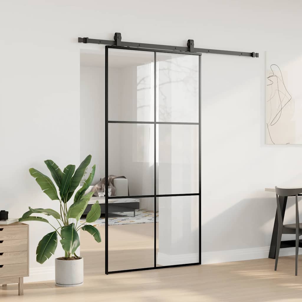 Fekete esg üveg tolóajtó fémszerelvény-szettel 102x205 cm