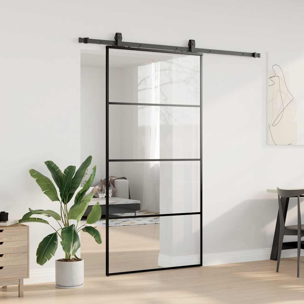 Fekete esg üveg tolóajtó fémszerelvény-szettel 102,5x205 cm