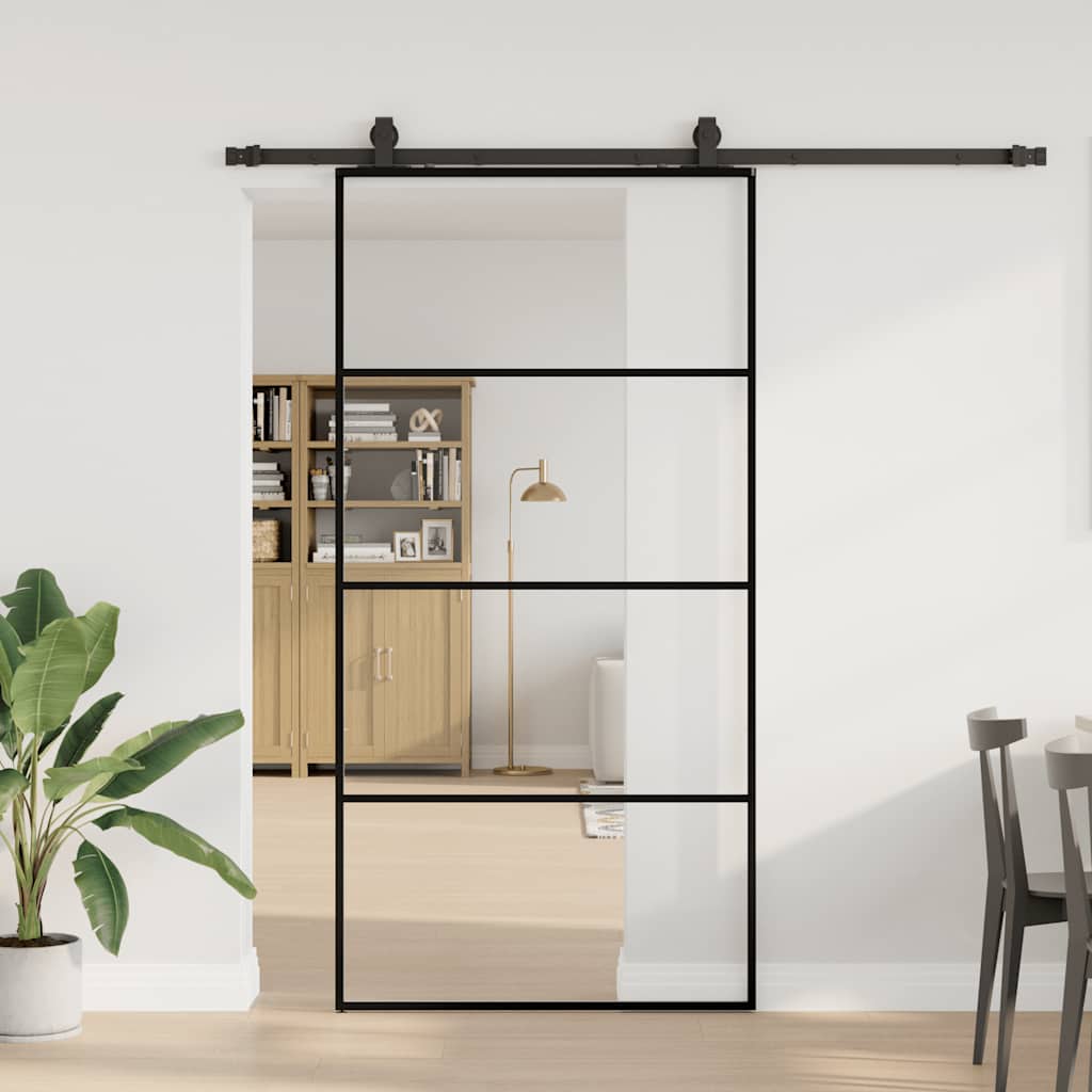 Fekete esg üveg tolóajtó fémszerelvény-szettel 102,5x205 cm