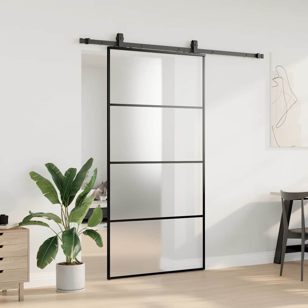 Fekete esg üveg tolóajtó fémszerelvény-szettel 102,5x205 cm