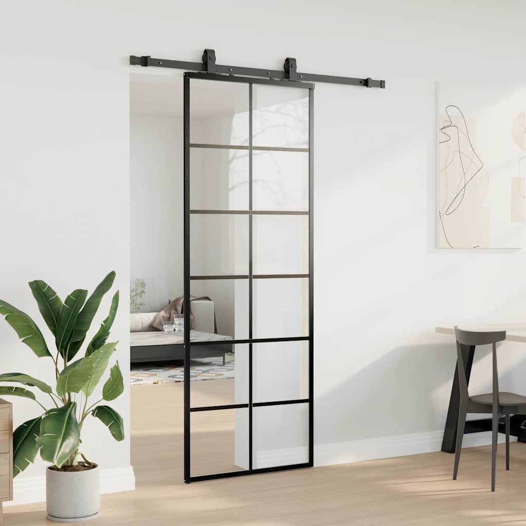 Fekete esg üveg tolóajtó fémszerelvény-szettel 76x205 cm