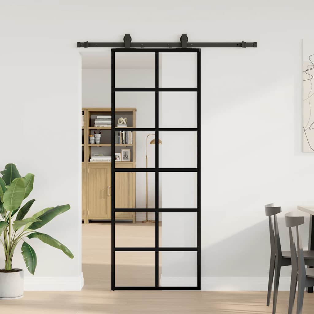 Fekete esg üveg tolóajtó fémszerelvény-szettel 76x205 cm