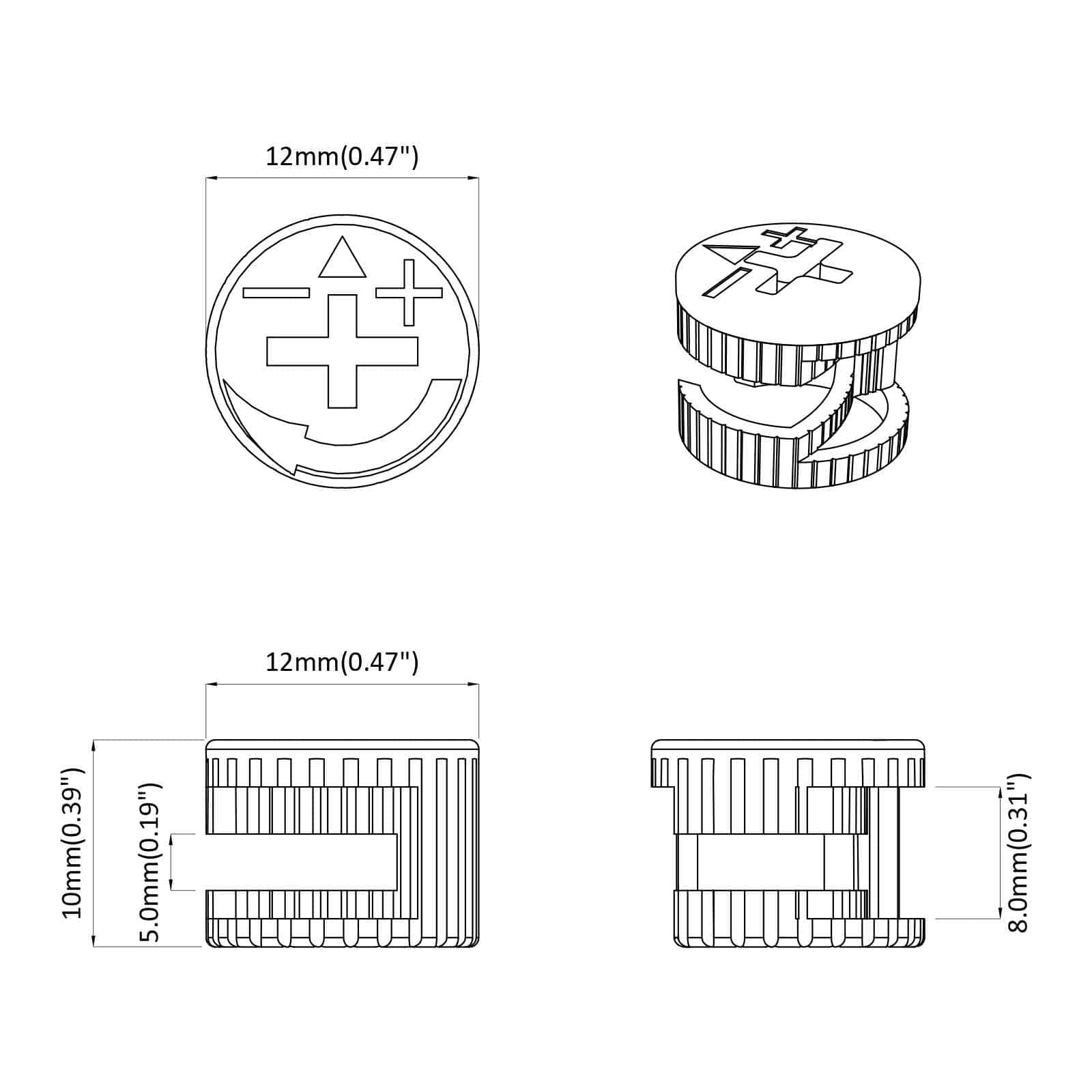 Cam zár anyák 2 pcs ezüst 12 x 10 mm acél