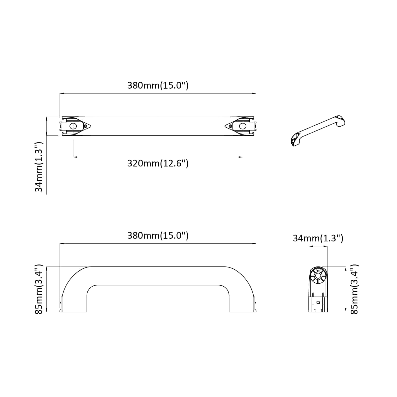 Fogantyú 12 pcs fekete 380 x 34 x 85 mm alumínium és pp