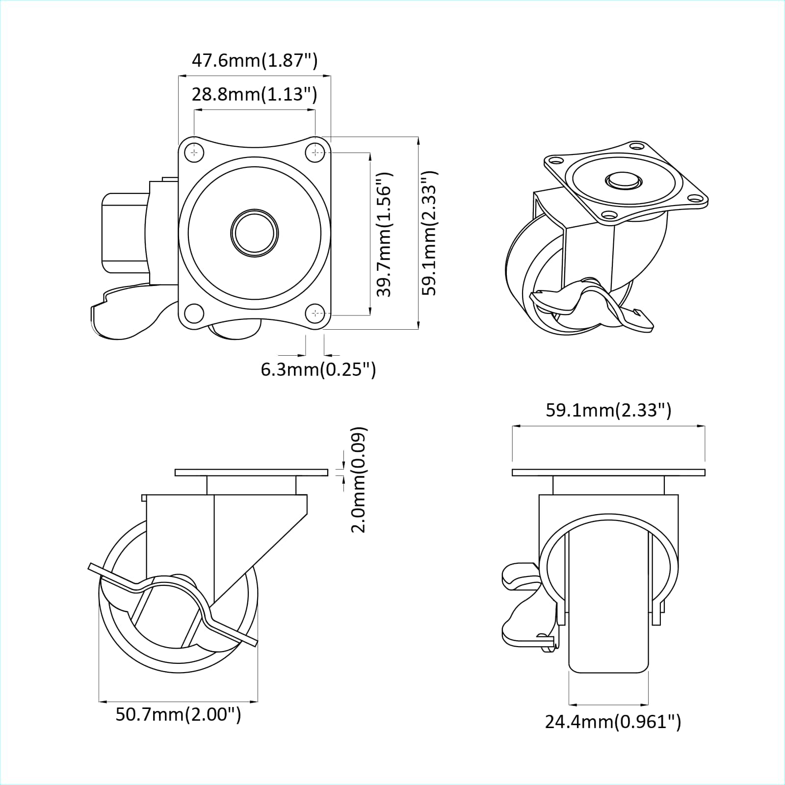 Kerekek 12 pcs fekete és ezüst 63 x 48 x 46 mm vas és nylon