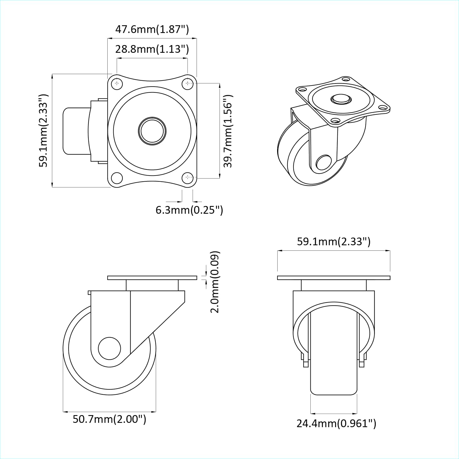 Forgó kerék 12 pcs ezüst 60 x 60 x 50 mm vas és nylon