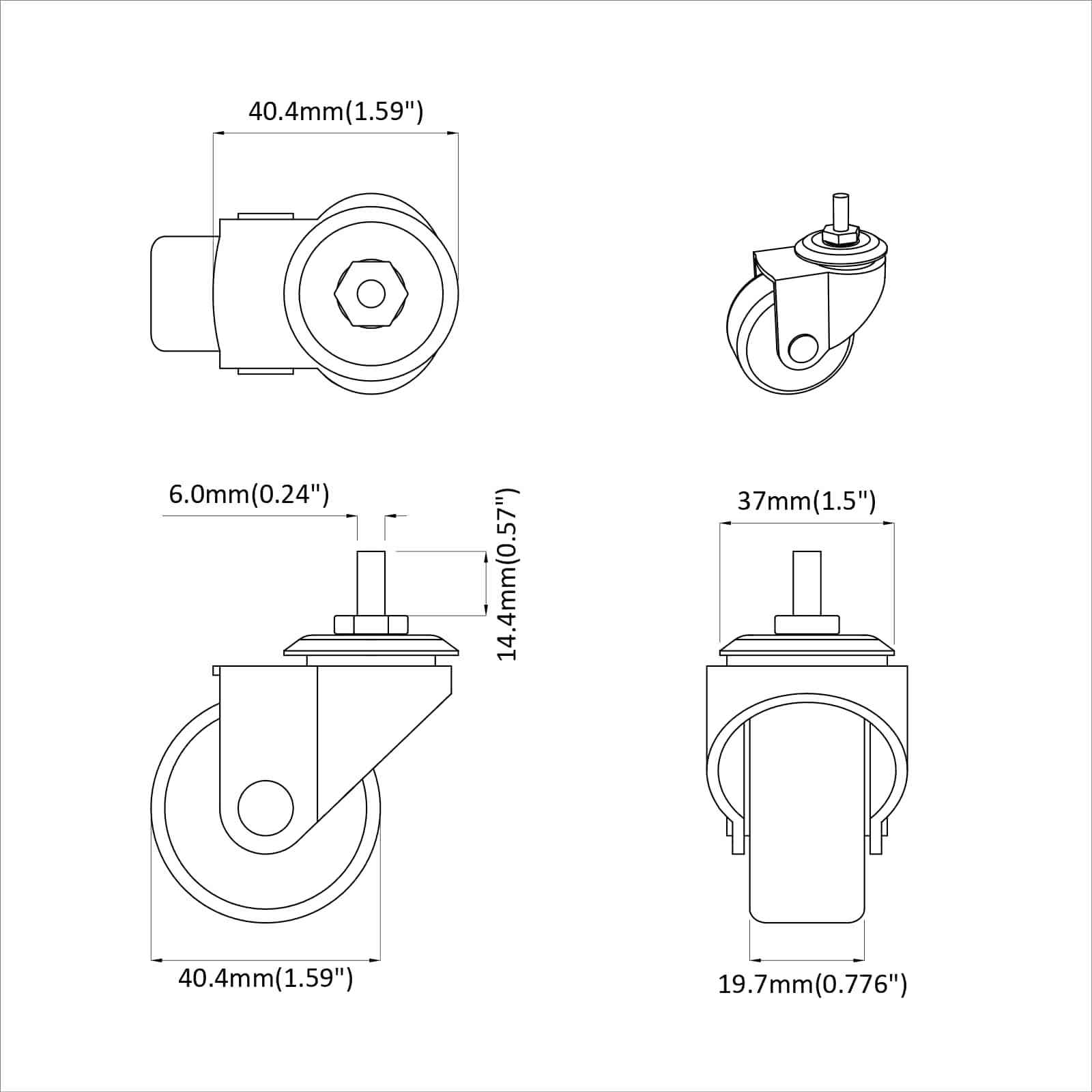 Forgó kerék 2 pcs fekete m6 mm vas és nylon
