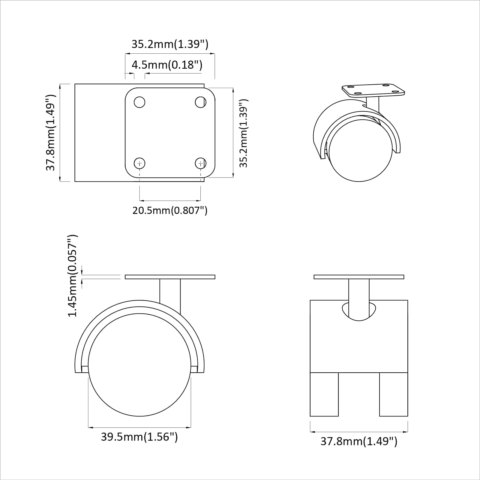 Forgó kerék 2 pcs fekete 54 mm vas és pp