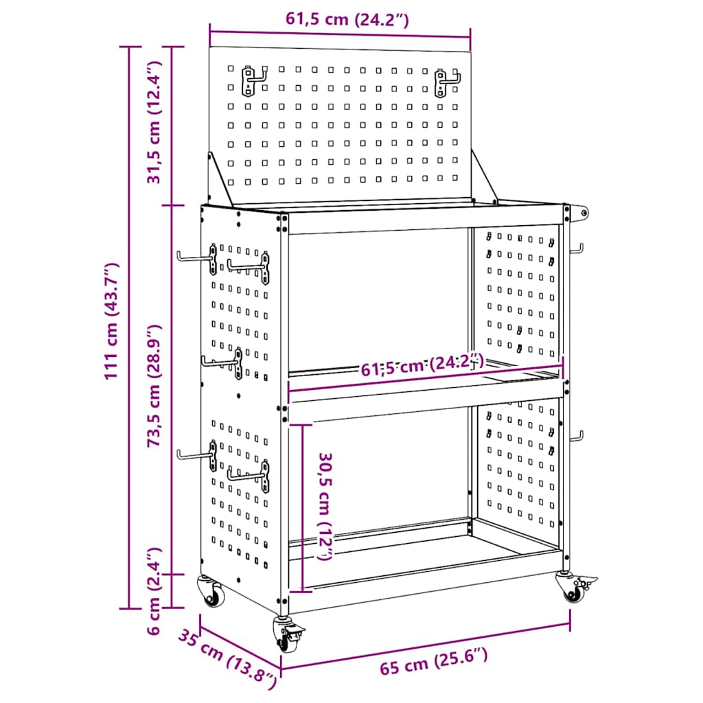Eszköz kocsi polcokkal kerékkel tárolóval fekete 65 x 35 x 111 cm fém