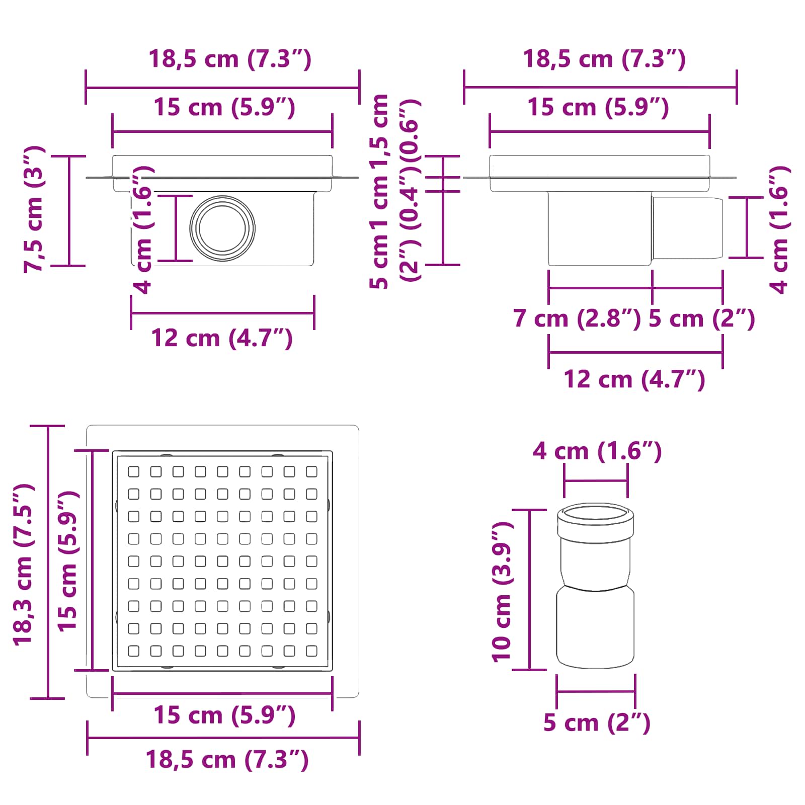 2 az 1-ben zuhanylefolyó ezüst 15 x 15 cm rozsdamentes acél 304