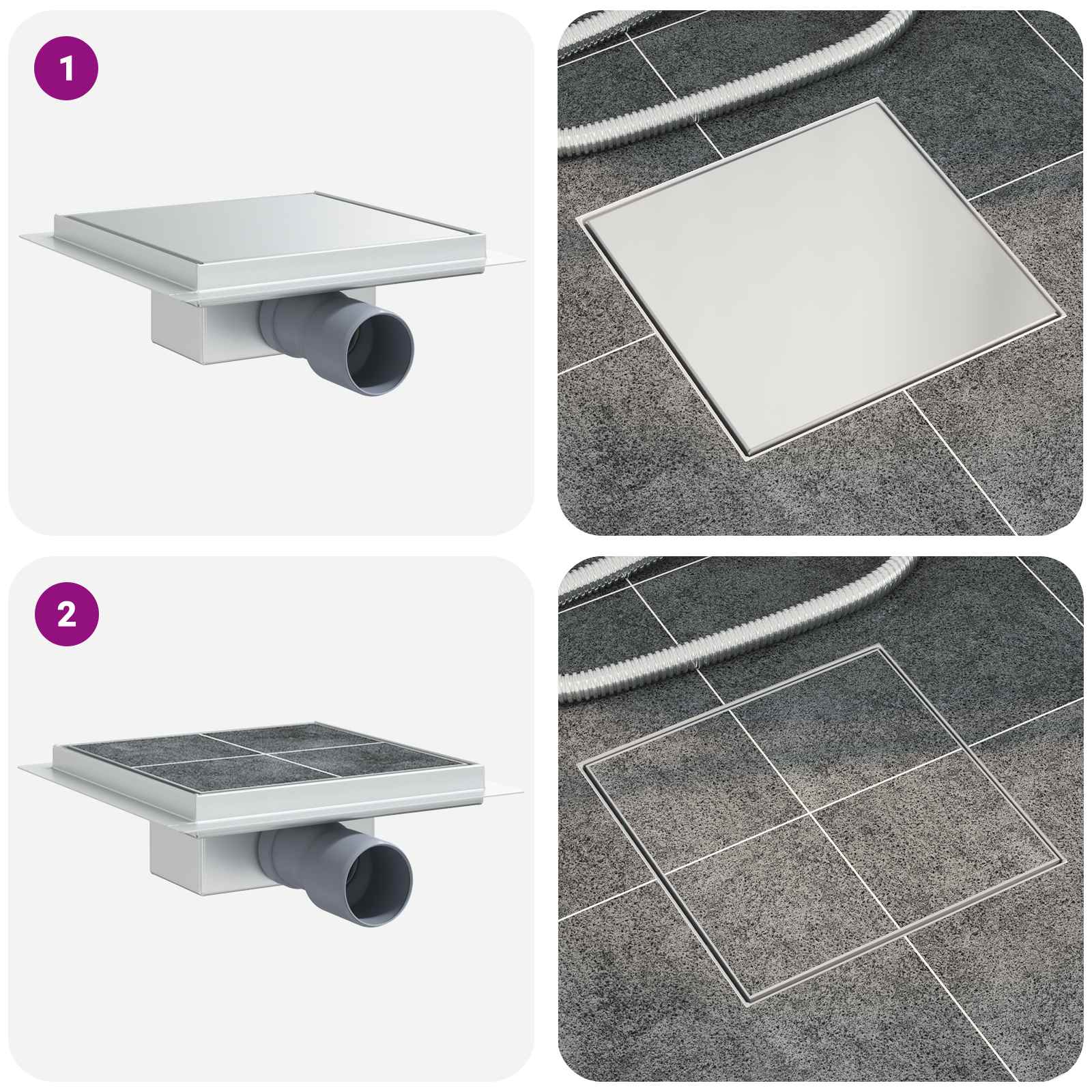 2 az 1-ben zuhanylefolyó ezüst 20 x 20 cm rozsdamentes acél 304