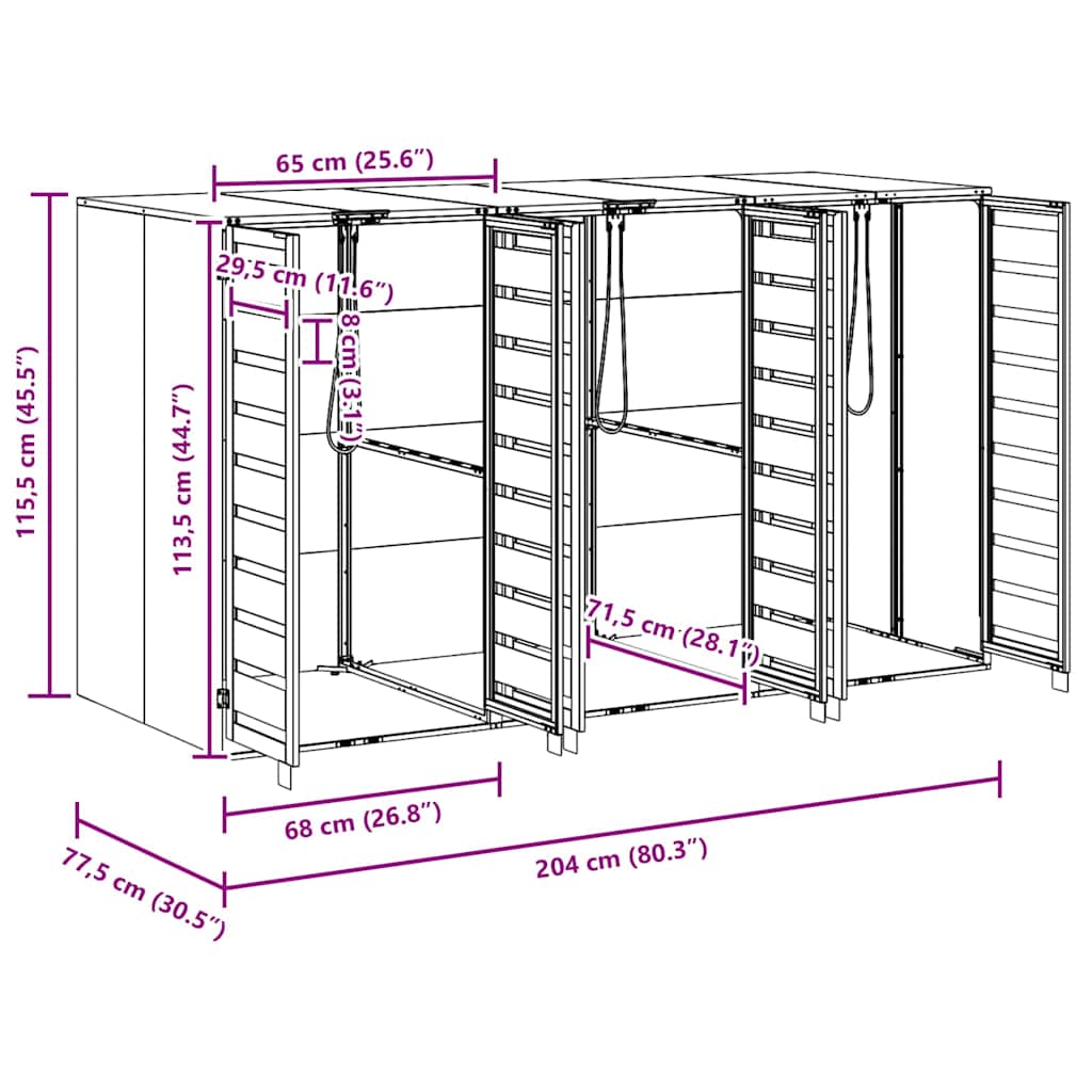 Gurulós kuka tároló 3 kukához antracit 340 x 77.5 x 115.5 cm