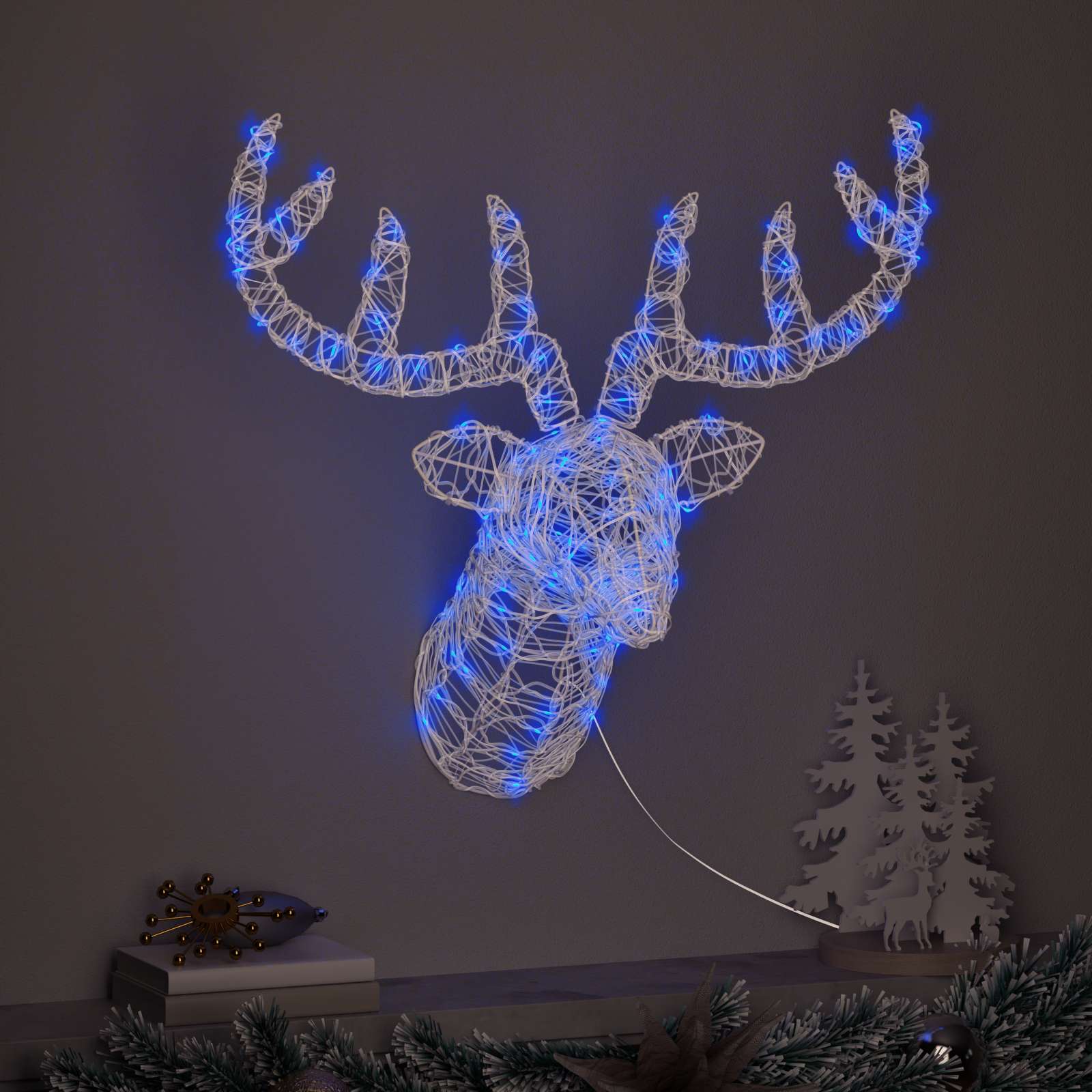 Rénszarvas fej 140 led-del kék 68 x 36,5 x 62,5 cm akril