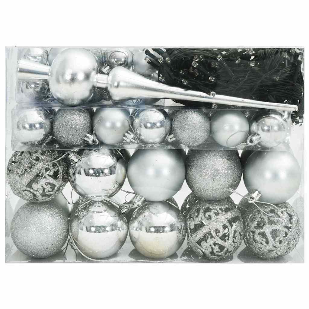 Karácsonyi díszgömb készlet 150 led-del 61 pcs ezüst műanyag