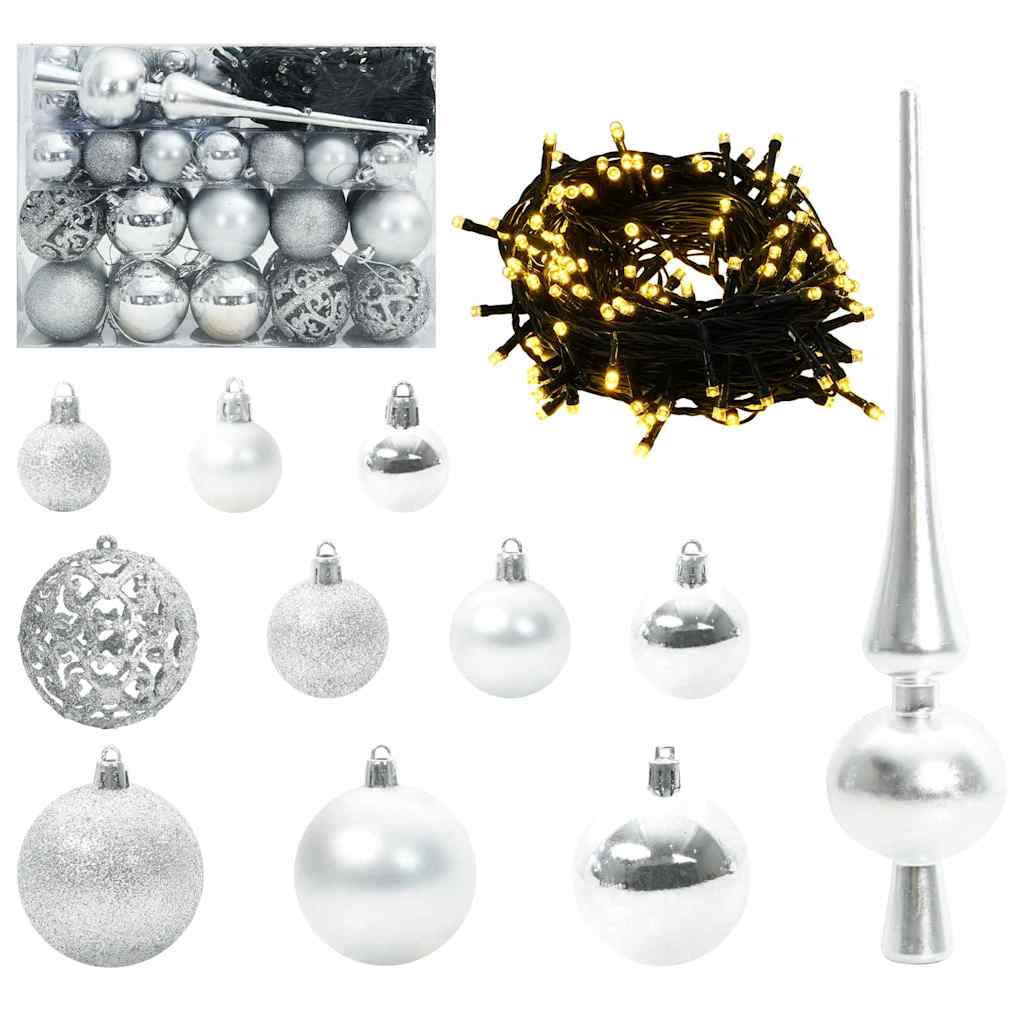 Karácsonyi díszgömb készlet 150 led-del 61 pcs ezüst műanyag