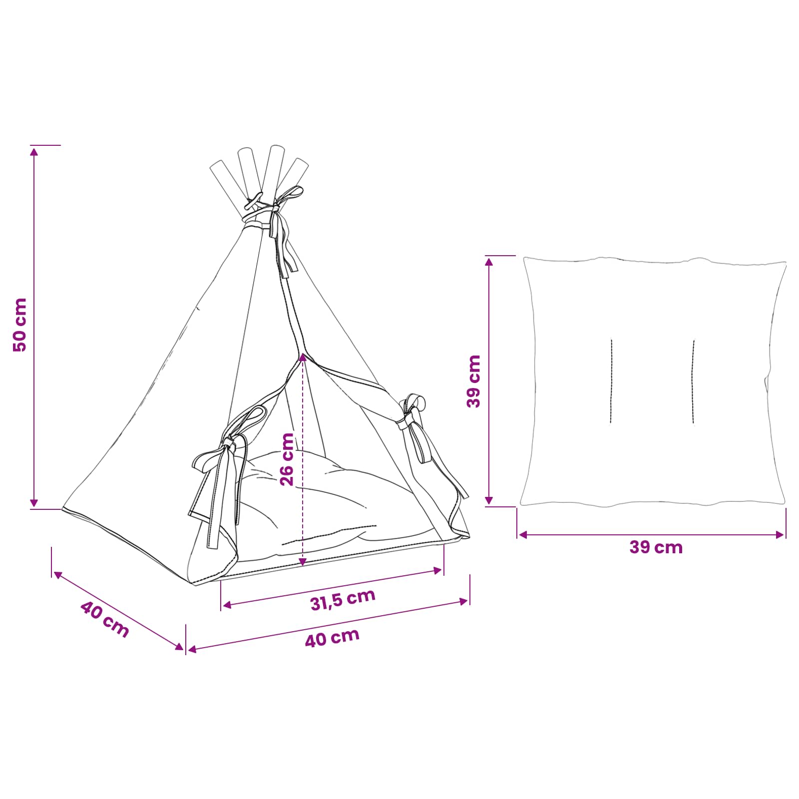 Kiskedvenc teepee párnával fehér 40 x 40 x 50 cm poliészter