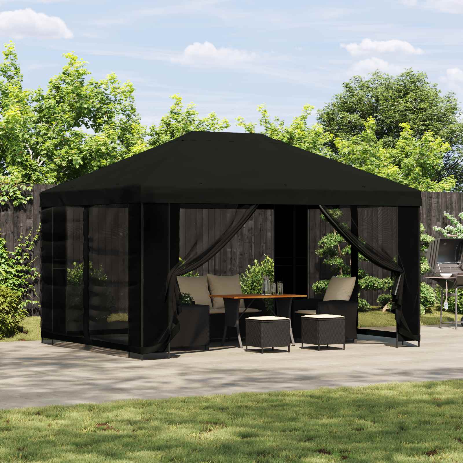 Pavilon 4 × 3 m fekete poliészter és acél 190