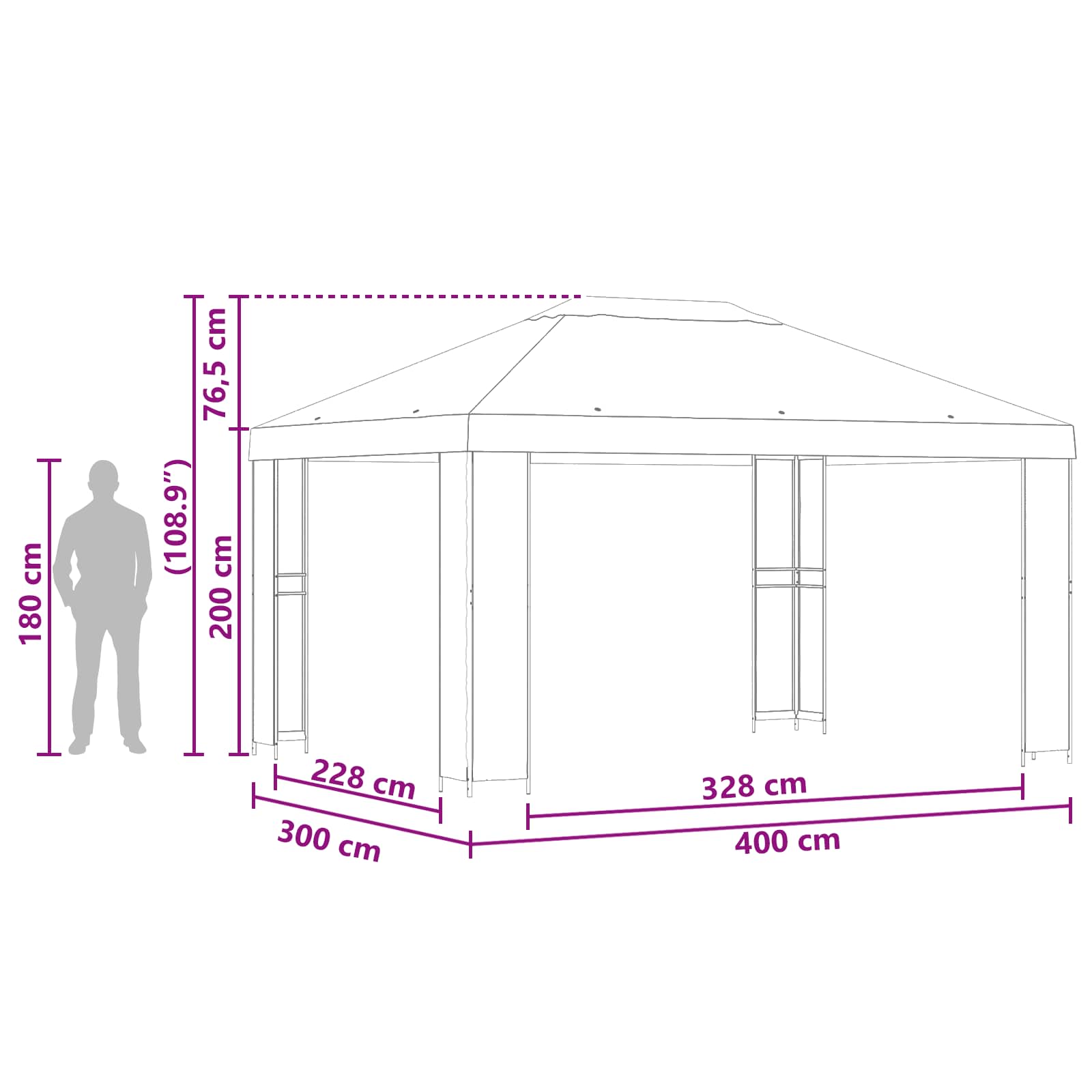 Pavilon 4 × 3 m fekete poliészter és acél 190
