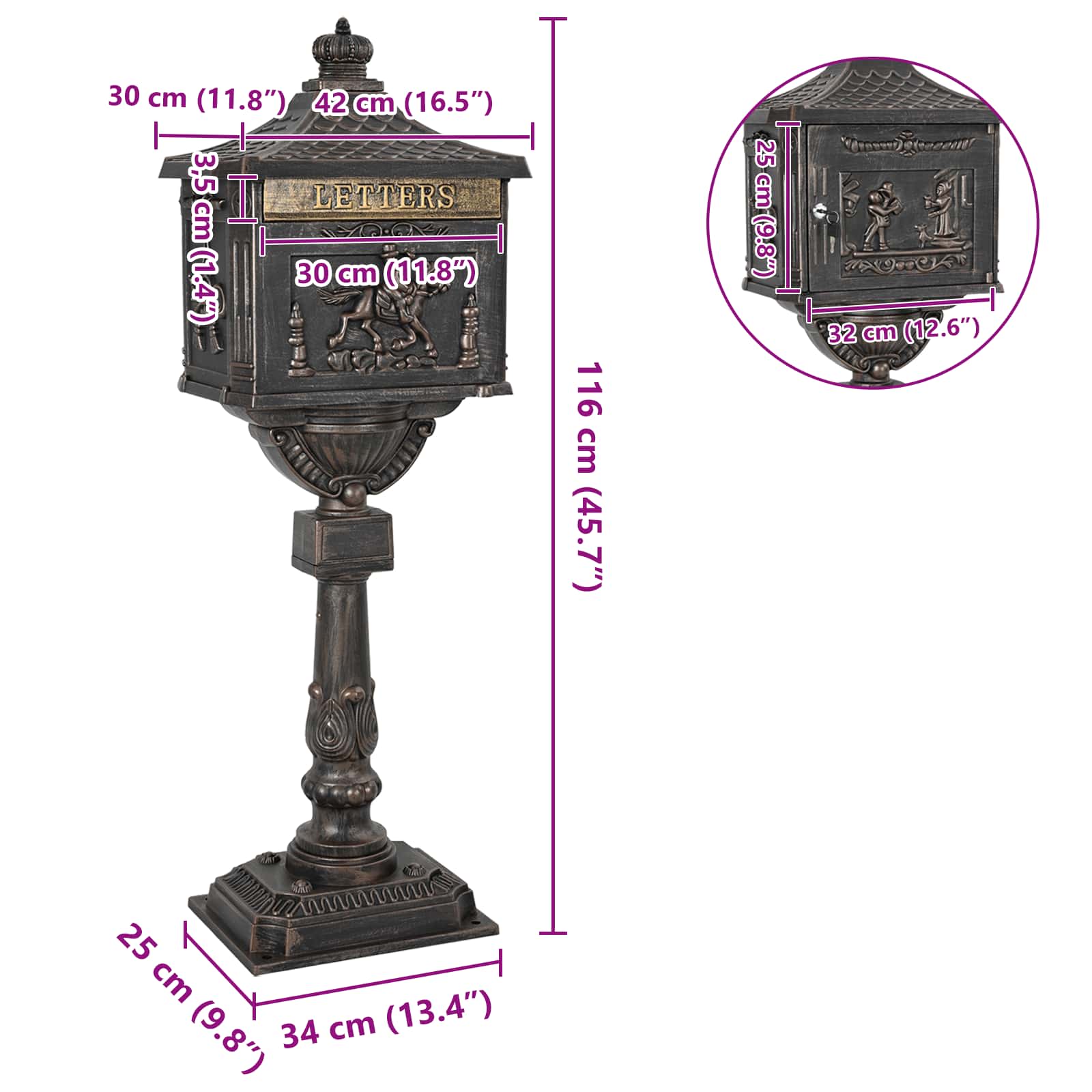 Álló levélszekrény bronz 42,5 x 29,5 x 117 cm öntött alumínium