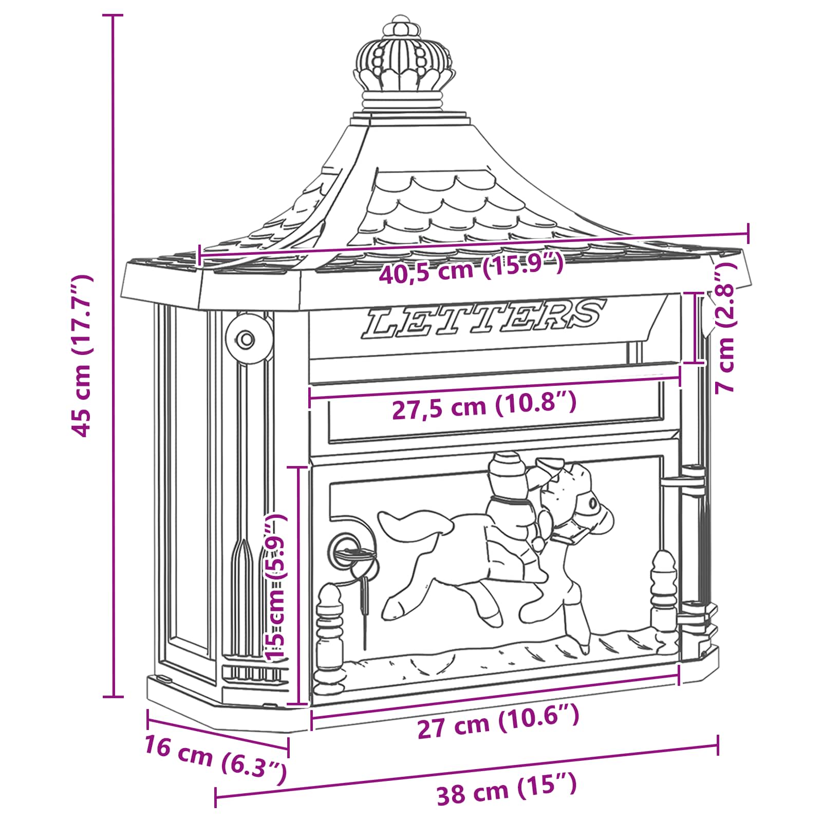 Fali postafiók zárral zöld 40.5 x 15.5 x 44 cm öntött alumínium