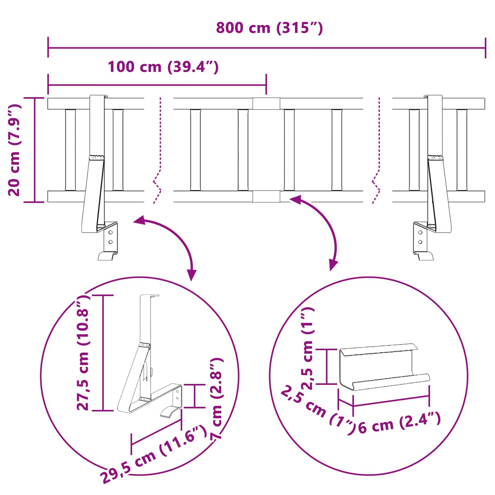Tető havazásvédő fekete 800 x 29,5 x 34,5 cm acél