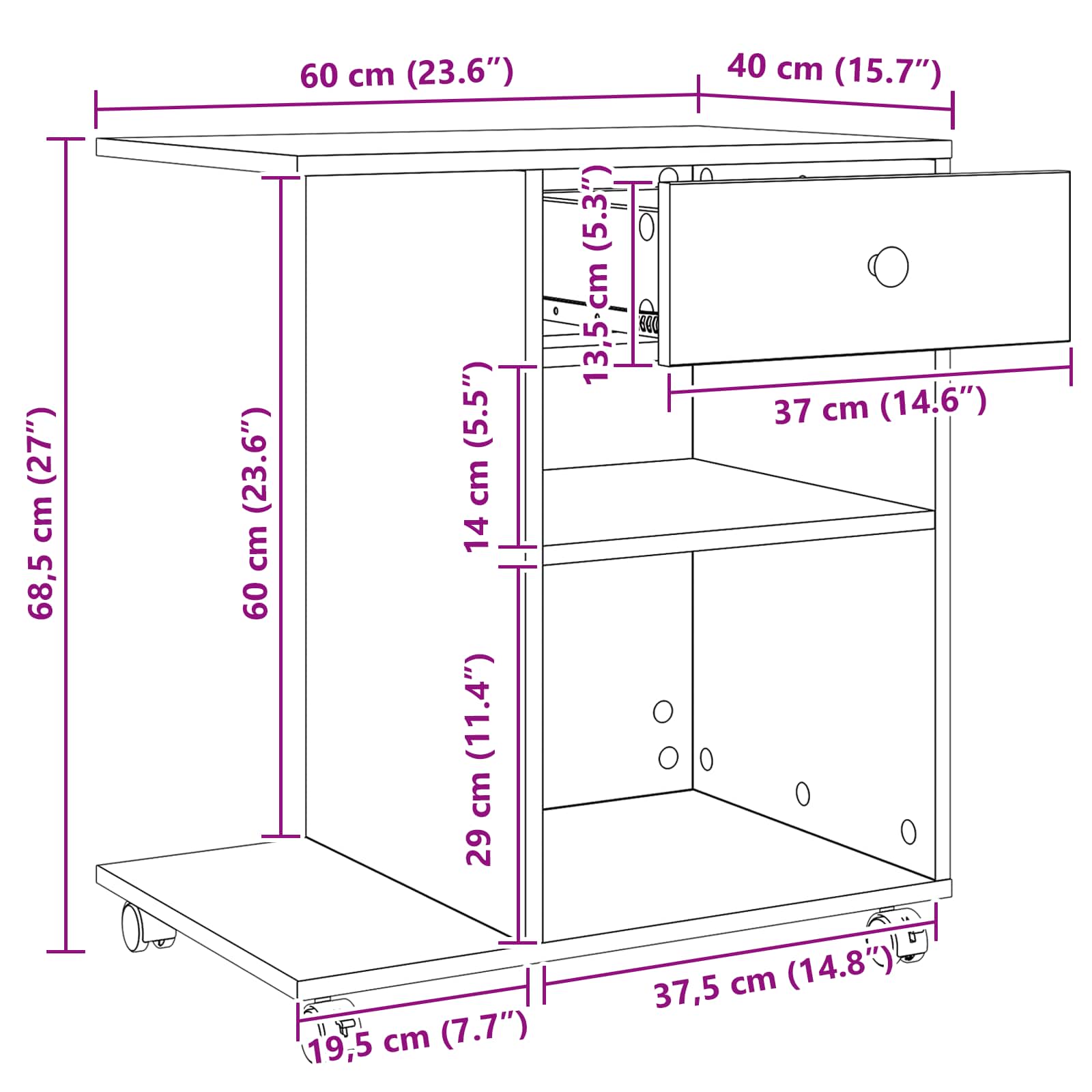 Nyomtatóállvány fiókkal művészi tölgy 60 x 40 x 68.5 cm faanyag