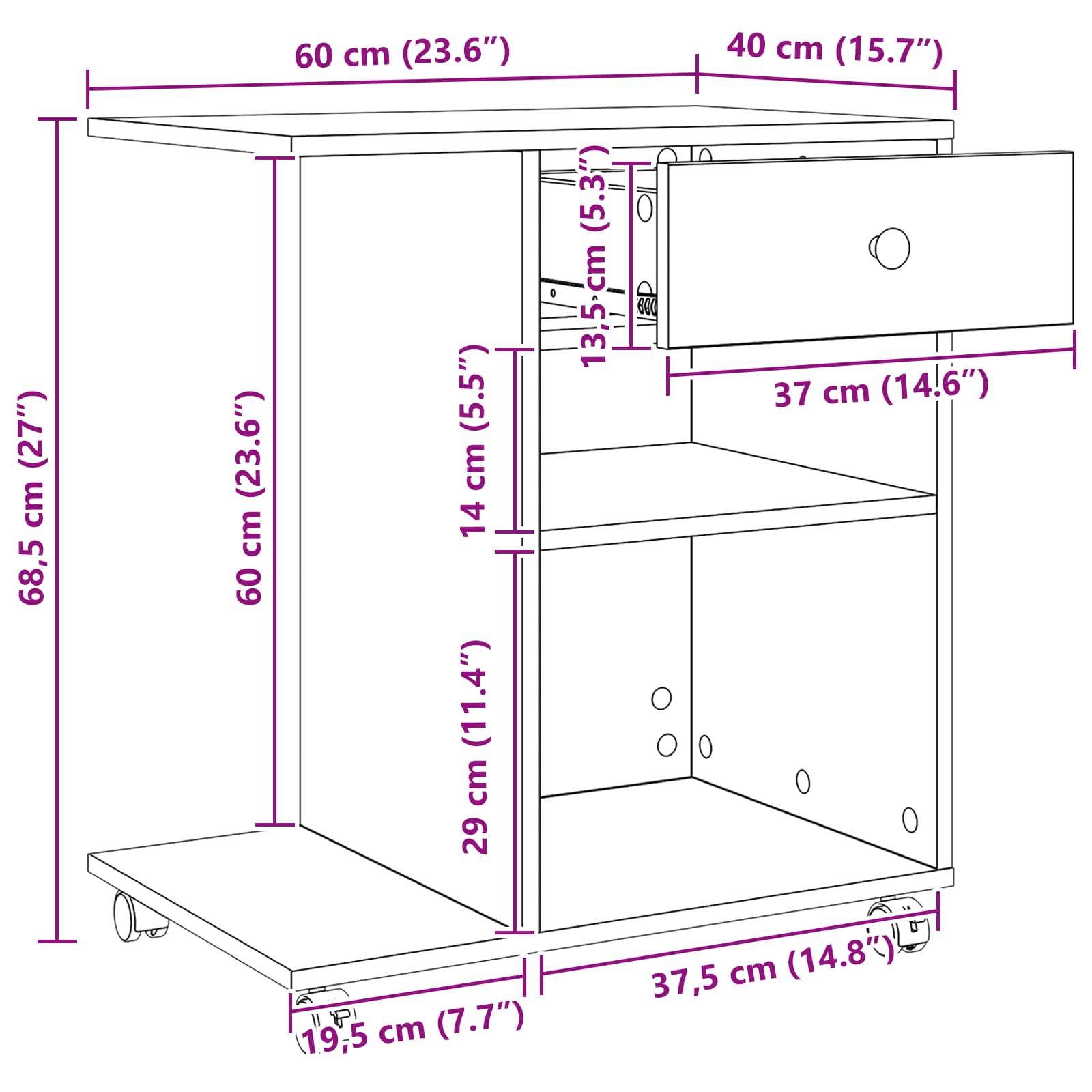 Nyomtatóállvány fiókkal fekete tölgy 60 x 40 x 68.5 cm faanyag