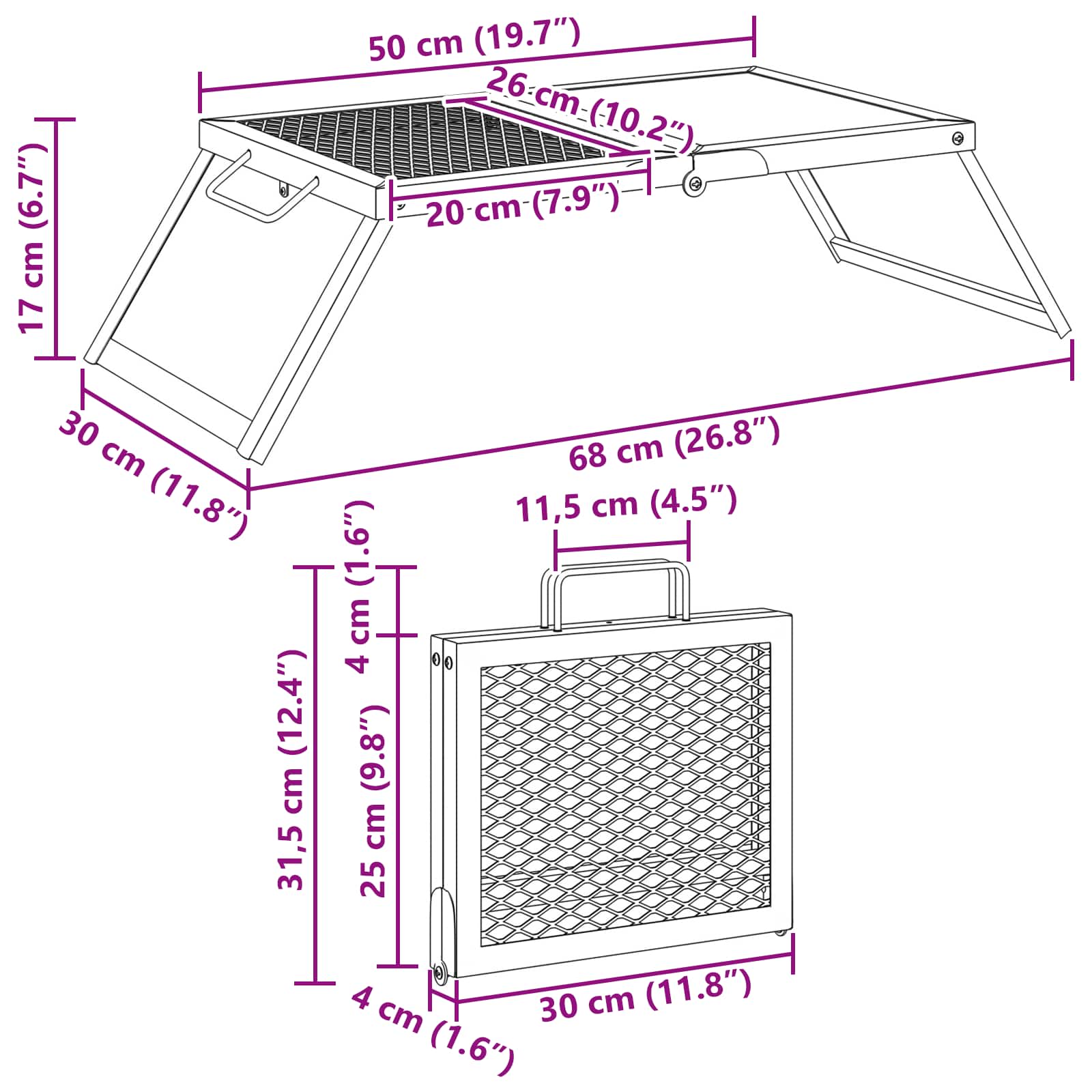 Összecsukható kemping grill fekete 31,5 x 26,5 x 4 cm