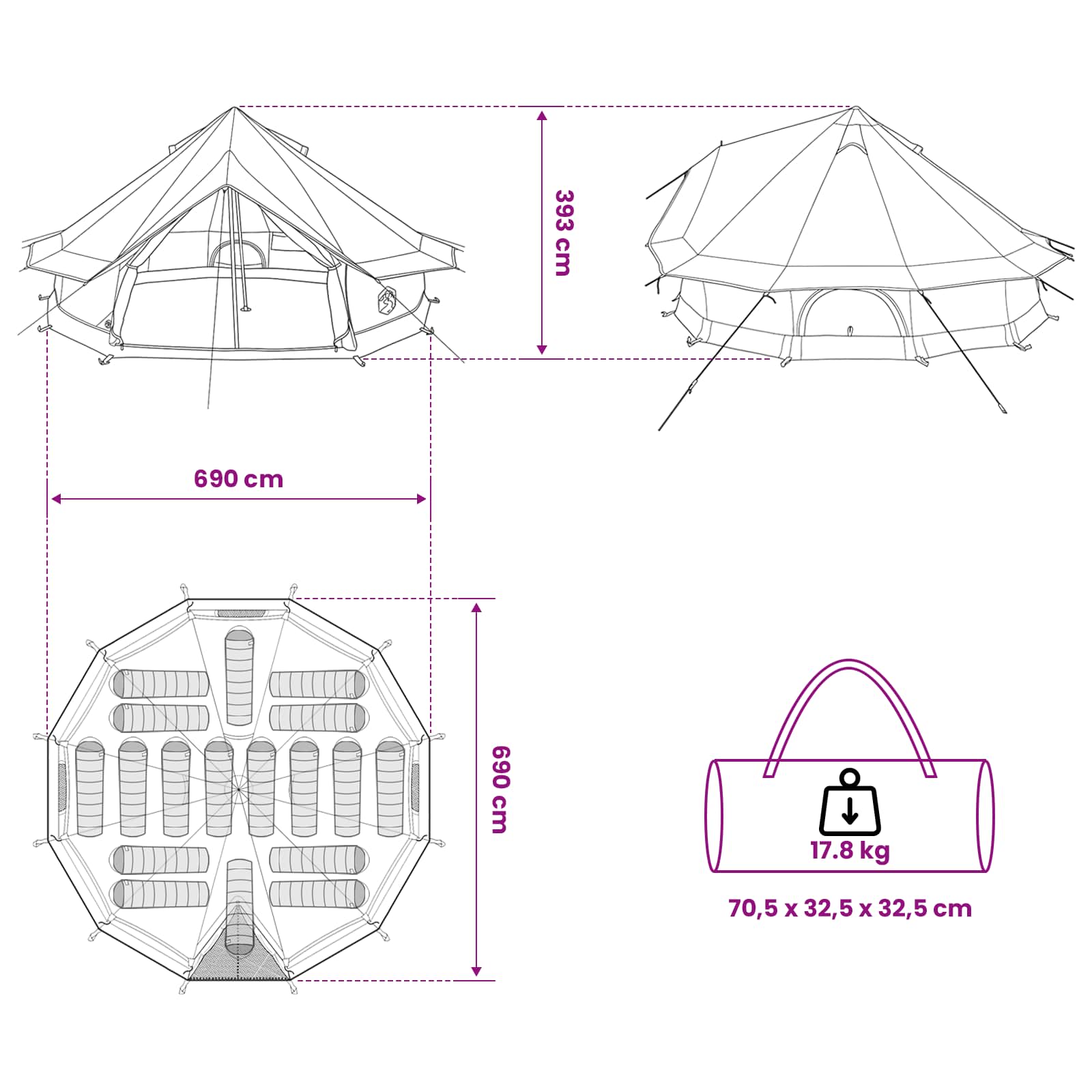 Tipi sátor katonai zöld 700 x 700 x 395 cm poliészter és acél