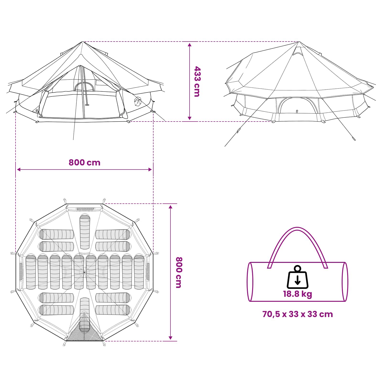 Tipi sátor tetővel zöld 800 x 800 x 430 cm poliészter és acél