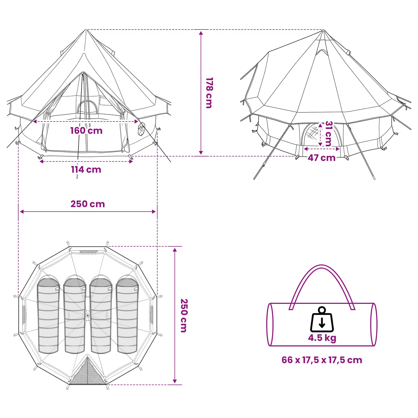 Tipi sátor tetővel kék 250 x 250 cm poliészter és acél