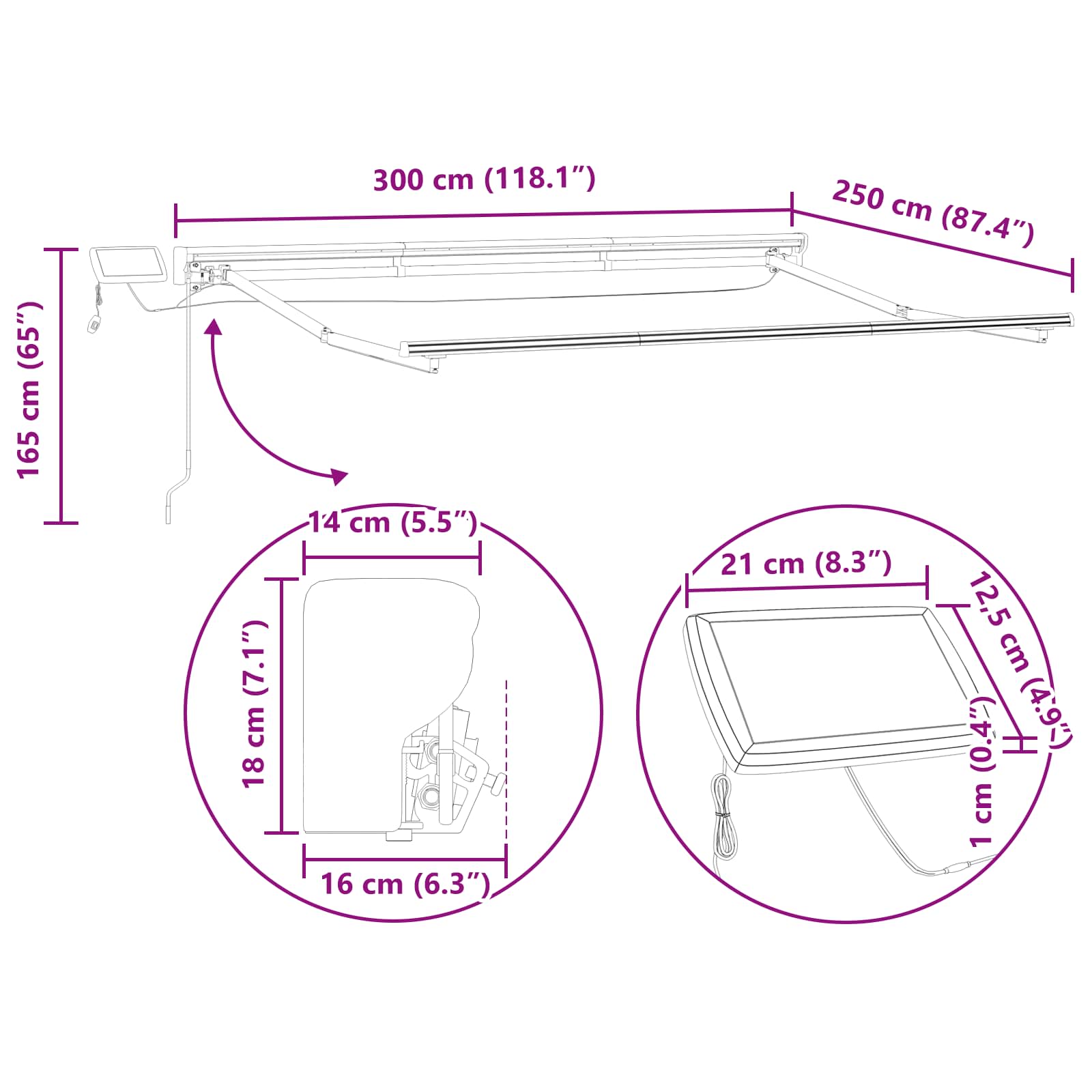 Kézi napellenző keret led világítással 3 x 2,5 m