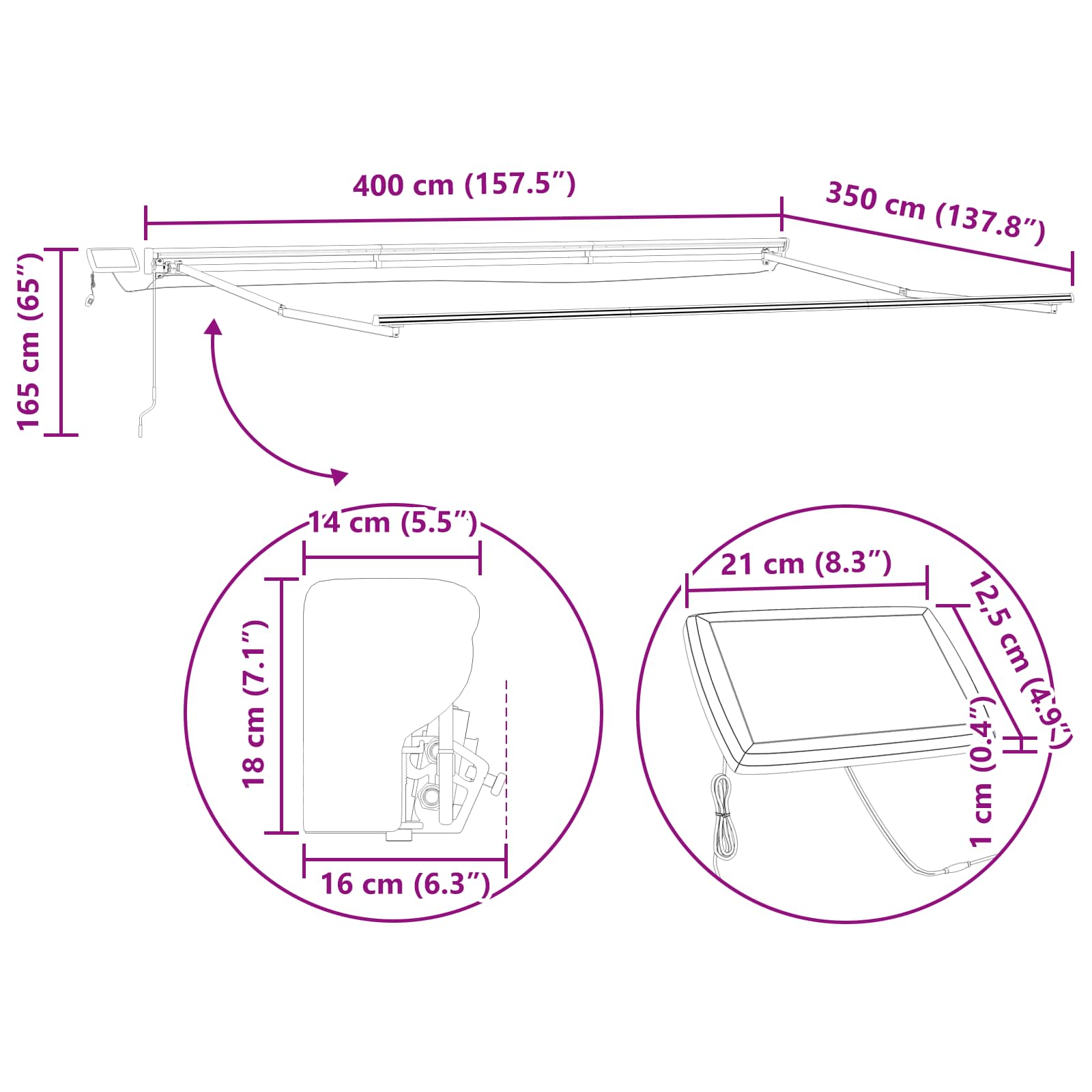 Kézi napellenző keret led világítással zöld és fehér 4 × 3,5 m