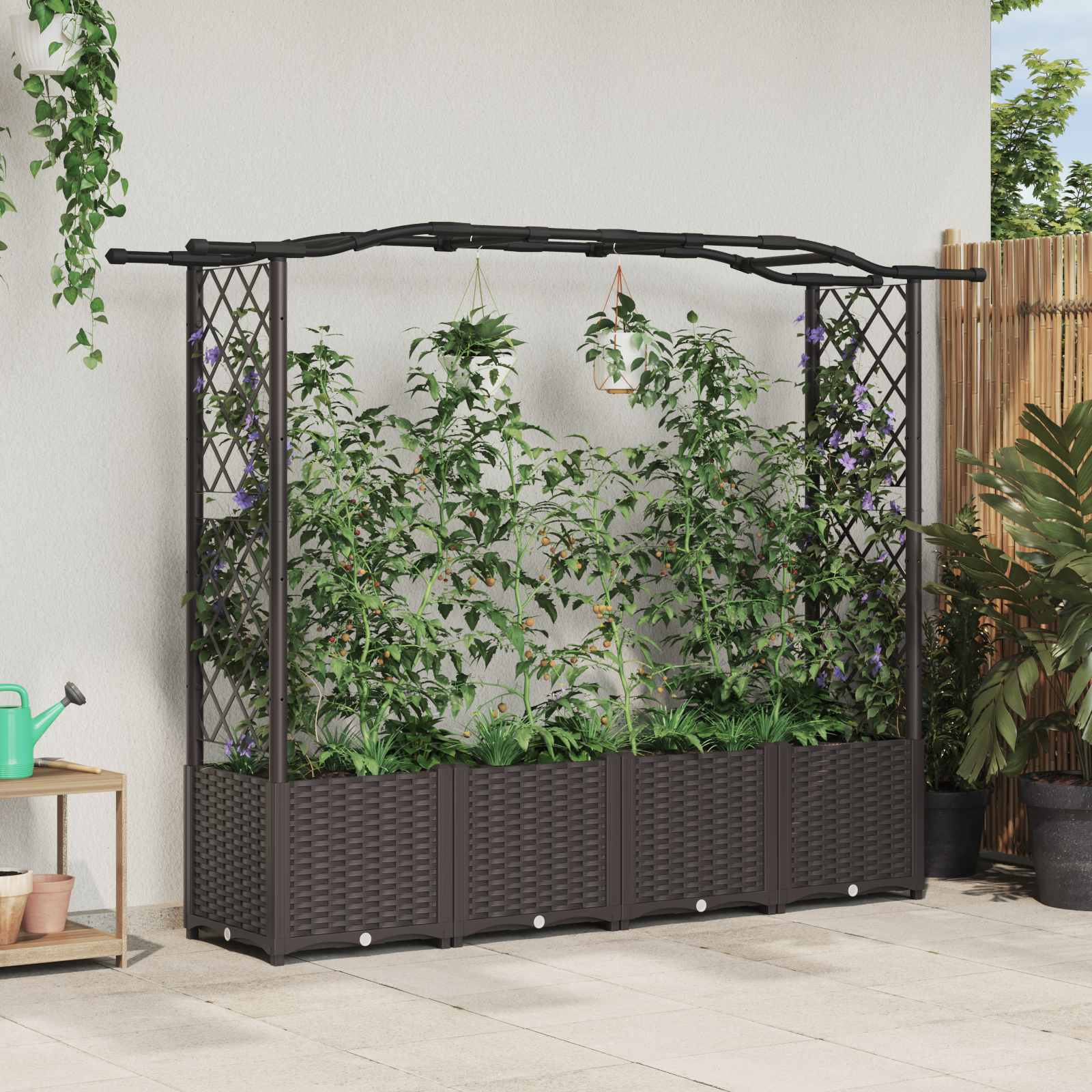Magasított ágy trellis-szel és tetővel barna 204 x 40 x 141 cm