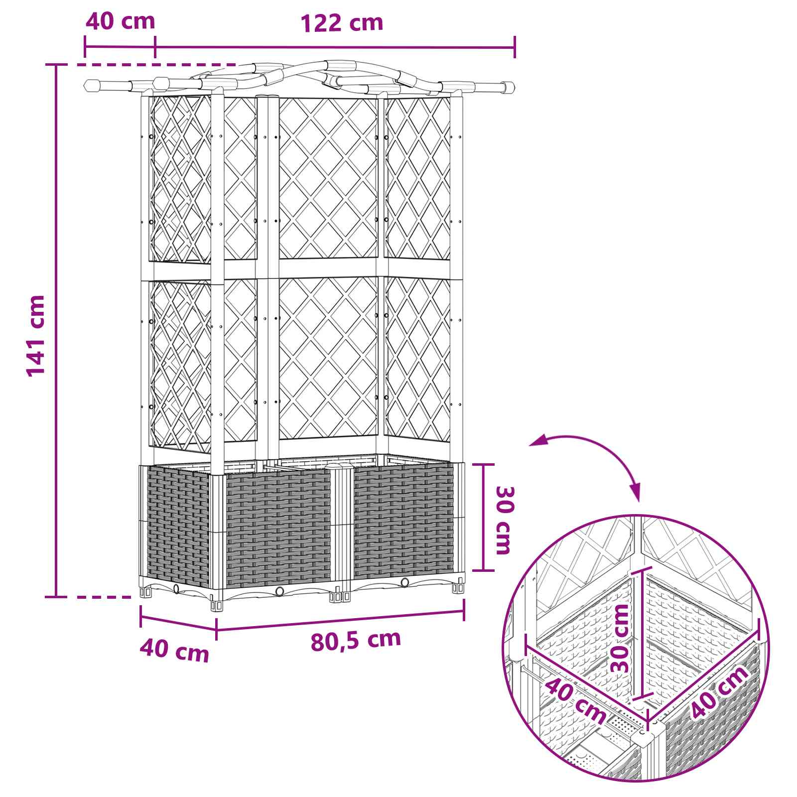 Magasított ágy trellis-szel és tetővel barna 122 x 40 x 141 cm