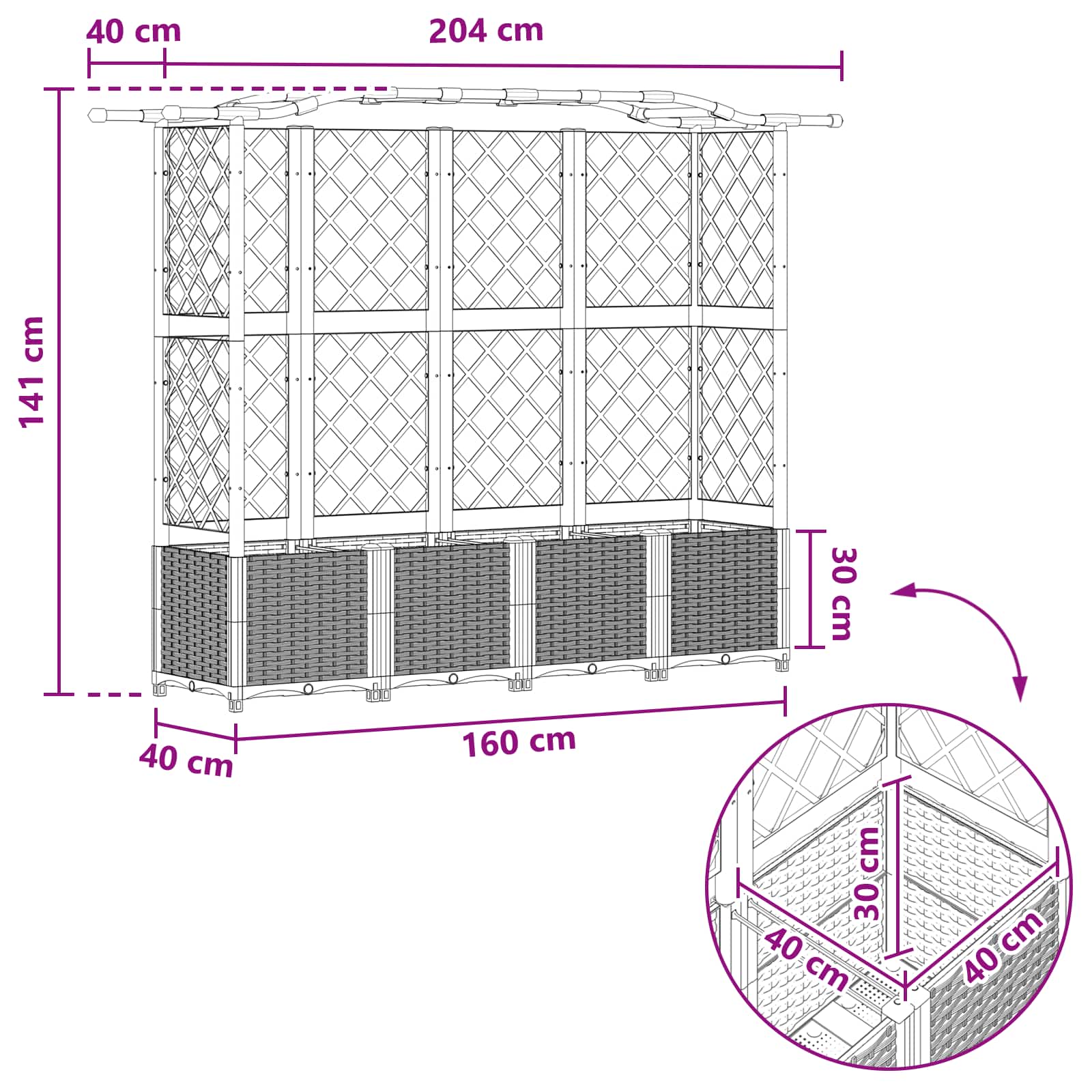Magasított ágy trellis-szel és tetővel barna 204 x 40 x 141 cm