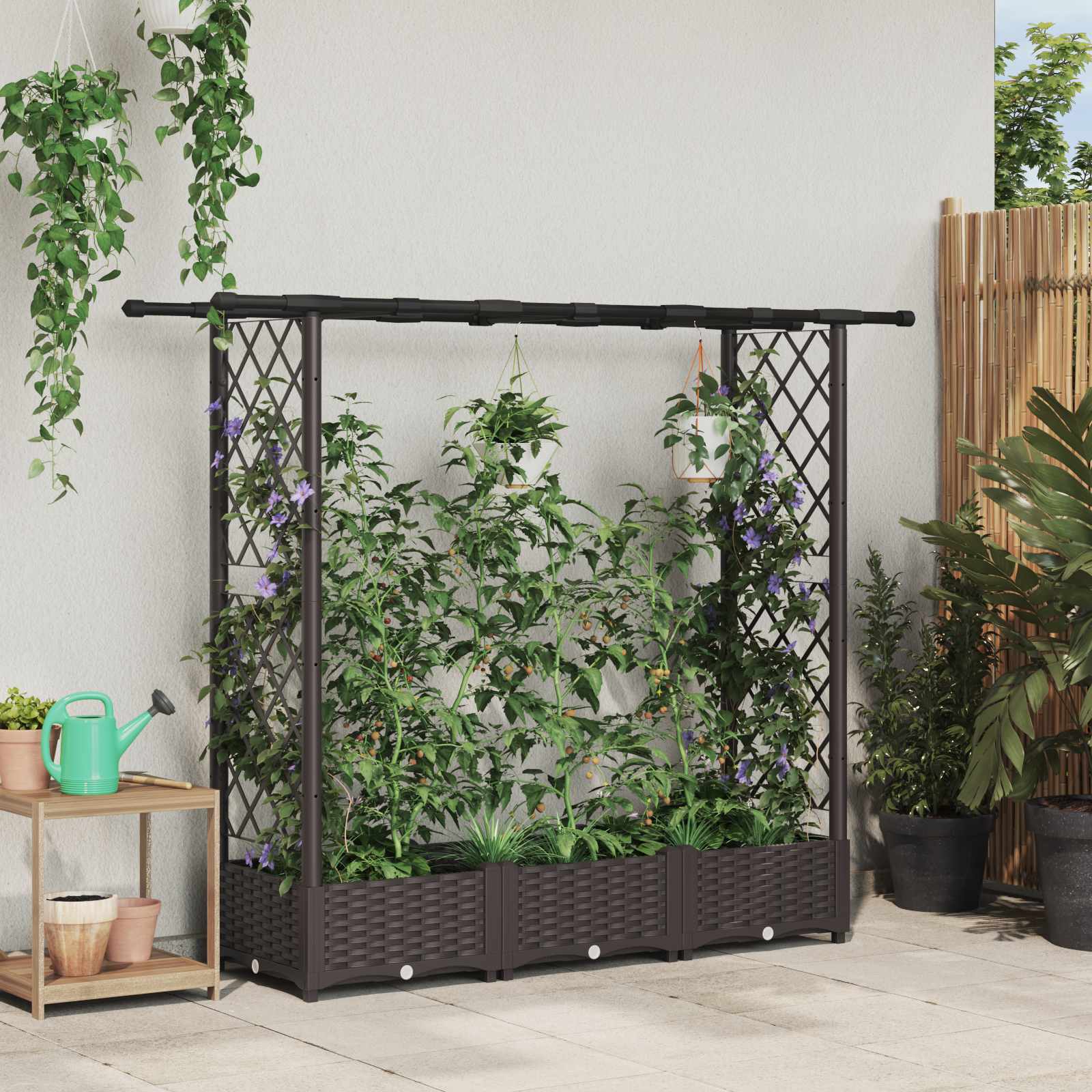 Magasított ágy trellis-szel és tetővel barna 164 x 40 x 123 cm