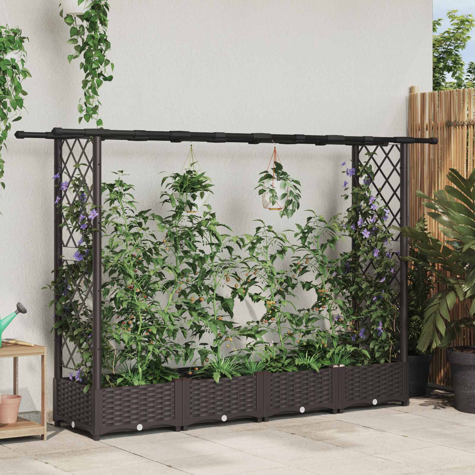 Magasított ágy trellis-szel és tetővel barna 203 x 40 x 123 cm