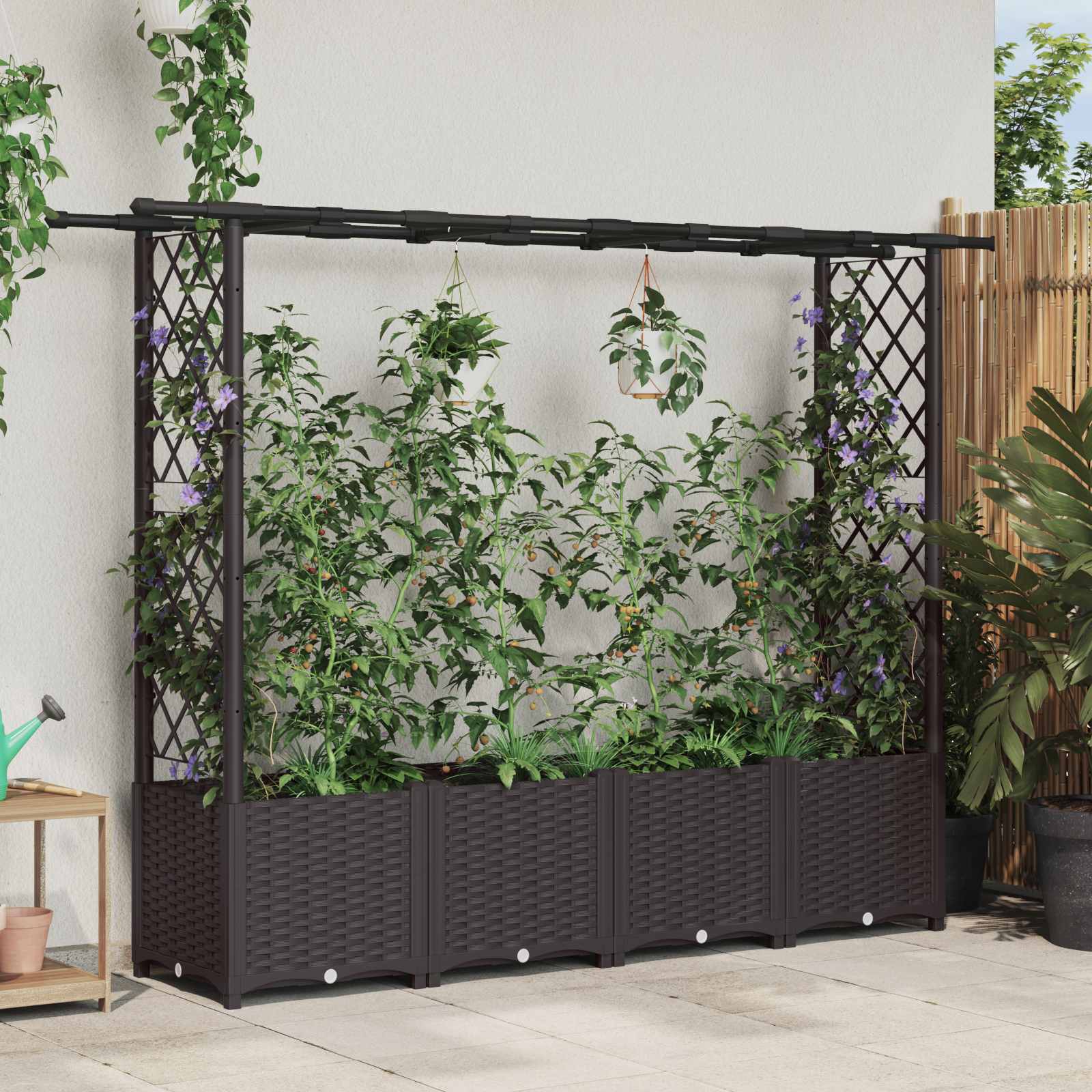 Magasított ágy trellis-szel és tetővel barna 203 x 40 x 138 cm
