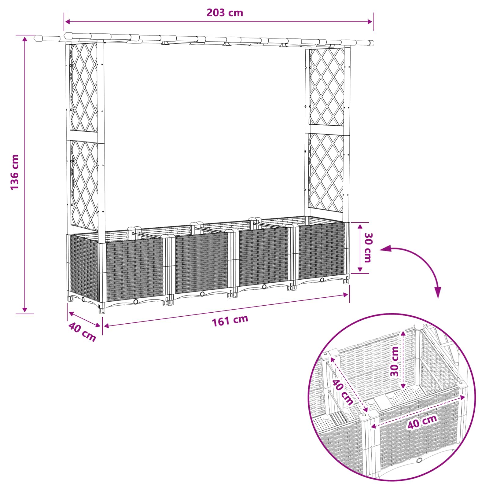 Magasított ágy trellis-szel és tetővel barna 203 x 40 x 138 cm