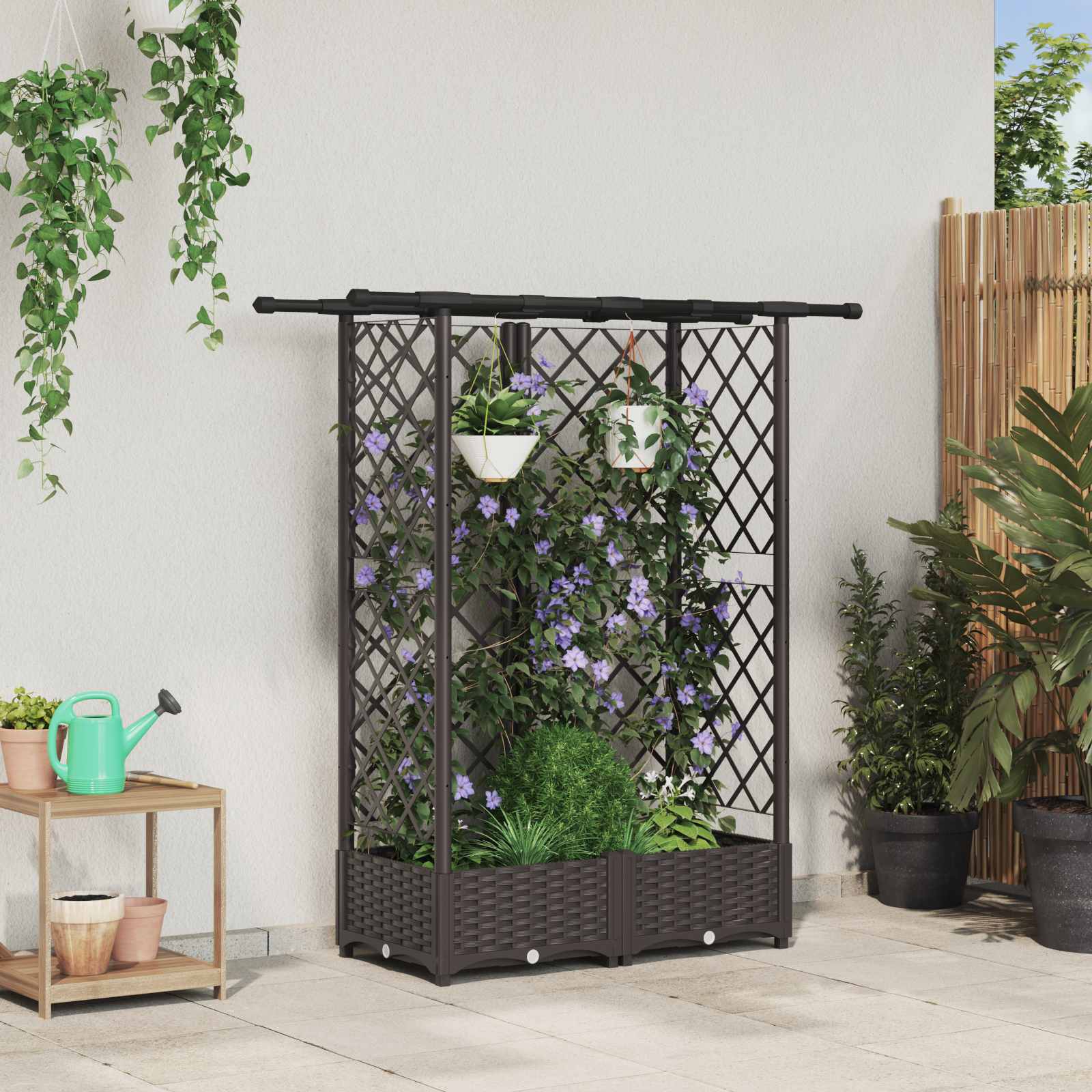 Magasított ágy trellis-szel és tetővel barna 124 x 40 x 123 cm