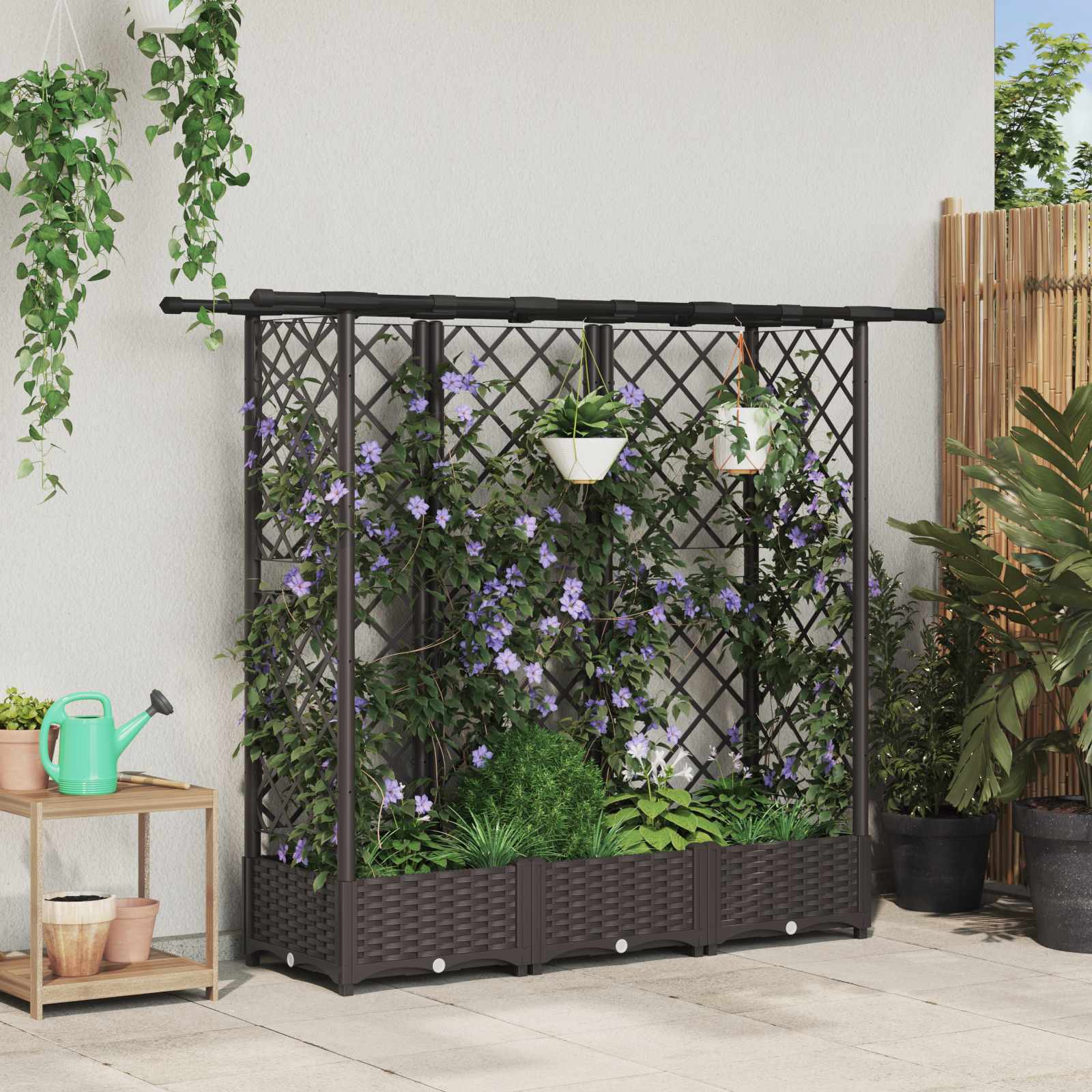 Magasított ágy trellis-szel és tetővel barna 164 x 40 x 123 cm