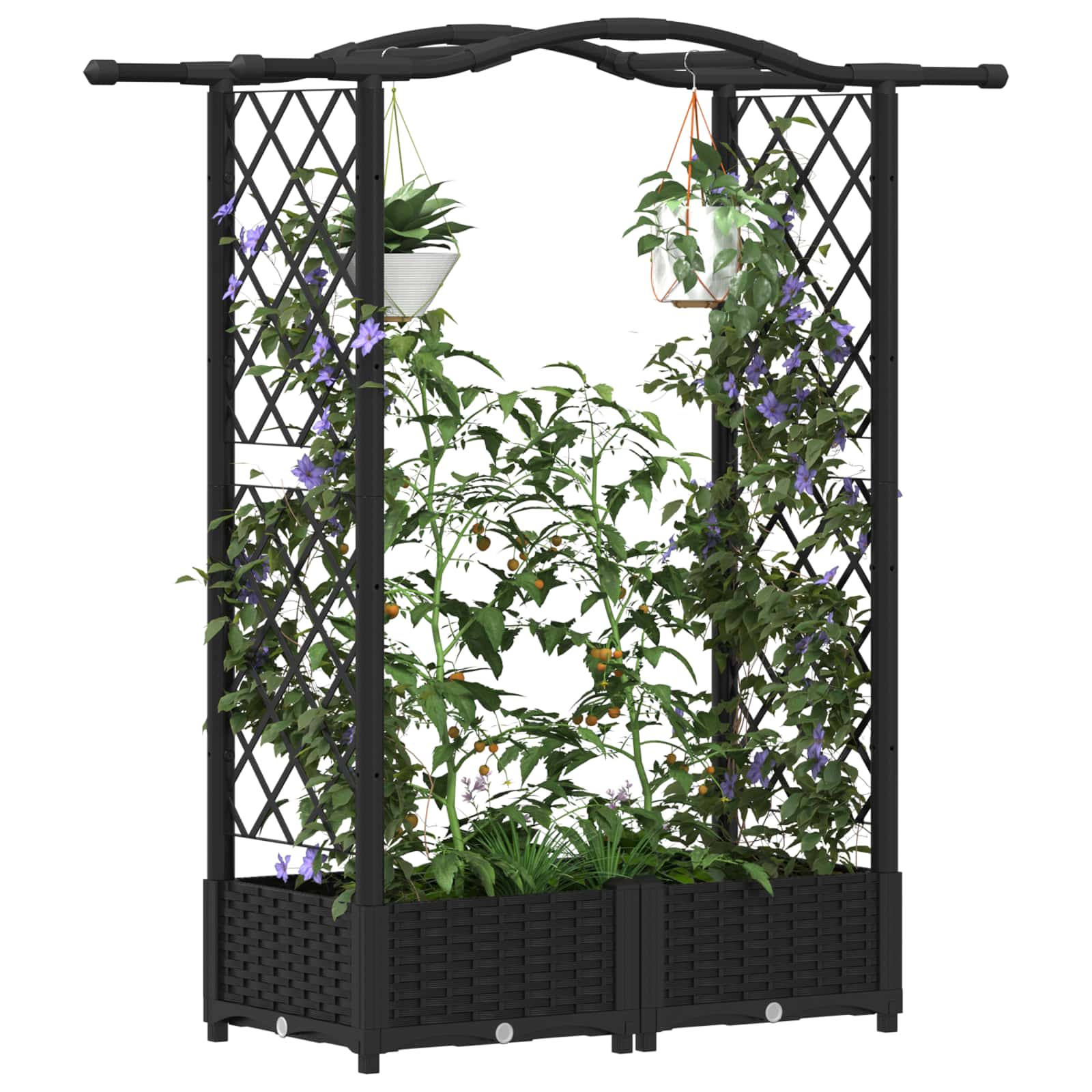 Magasított ágy trellis-szel és tetővel fekete 124 x 40 x 125 cm