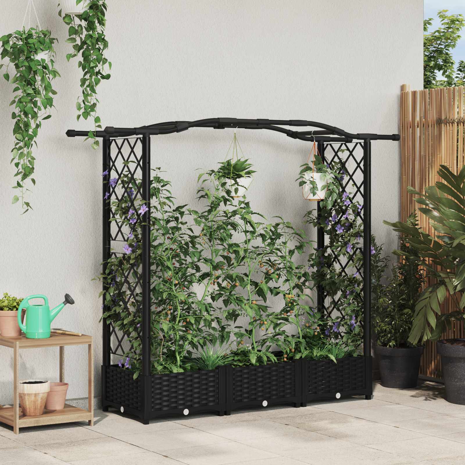 Magasított ágy trellis-szel és tetővel fekete 169 x 40 x 125 cm