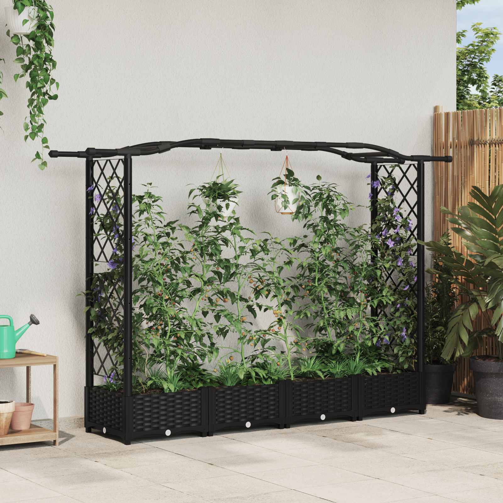Magasított ágy trellis-szel és tetővel fekete 207 x 40 x 126 cm