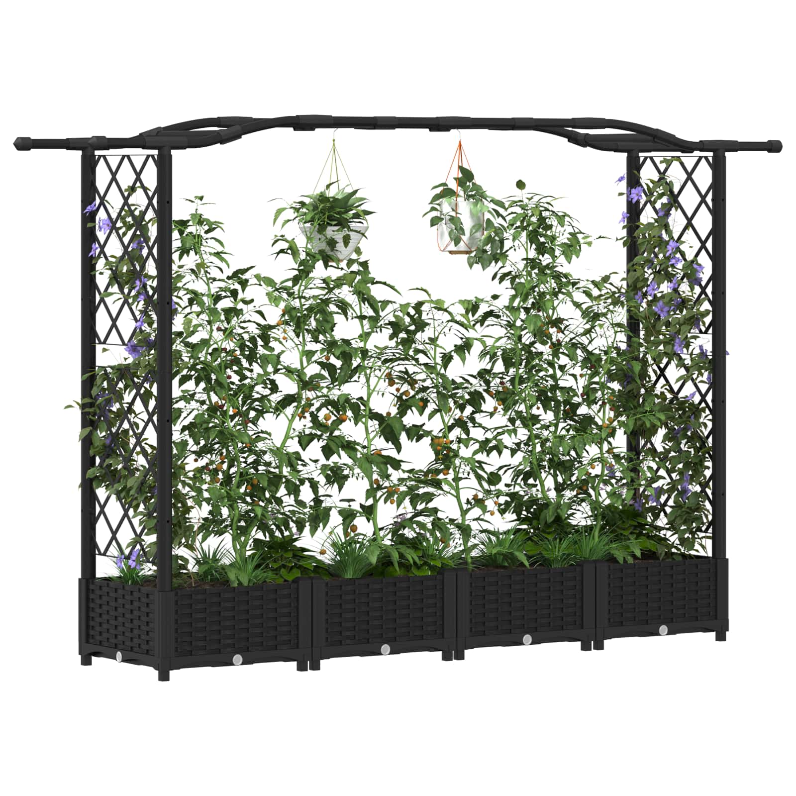 Magasított ágy trellis-szel és tetővel fekete 207 x 40 x 126 cm