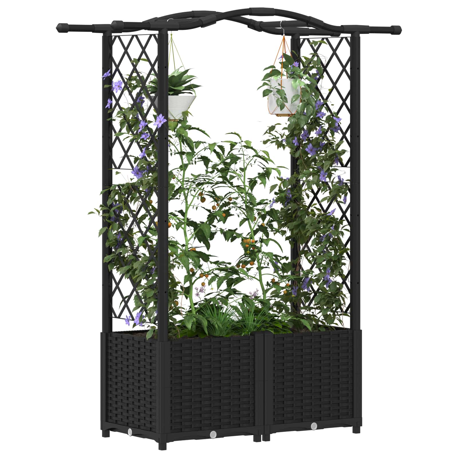 Magasított ágy trellis-szel és tetővel fekete 125 x 40 x 138 cm