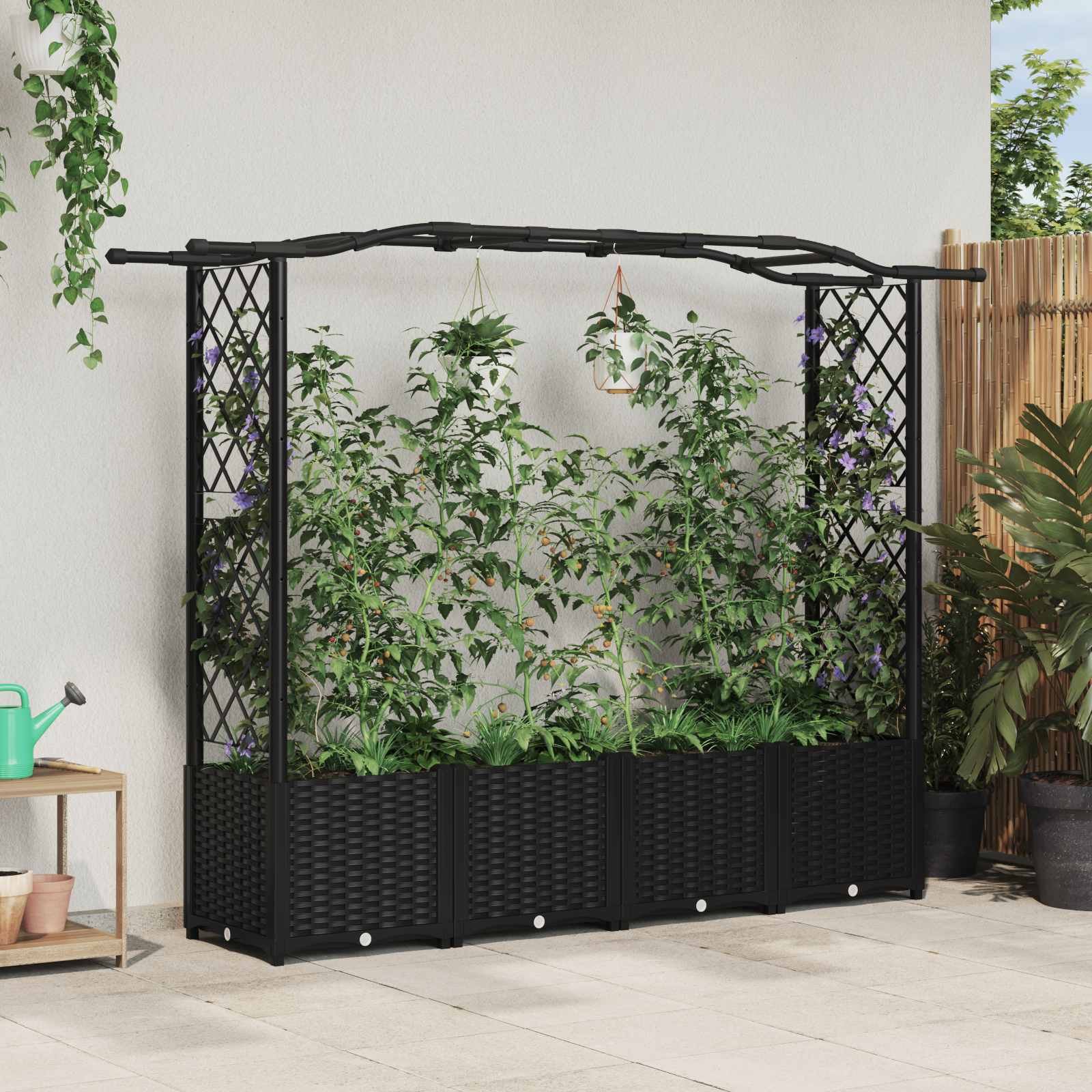 Magasított ágy trellis-szel és tetővel fekete 204 x 40 x 141 cm