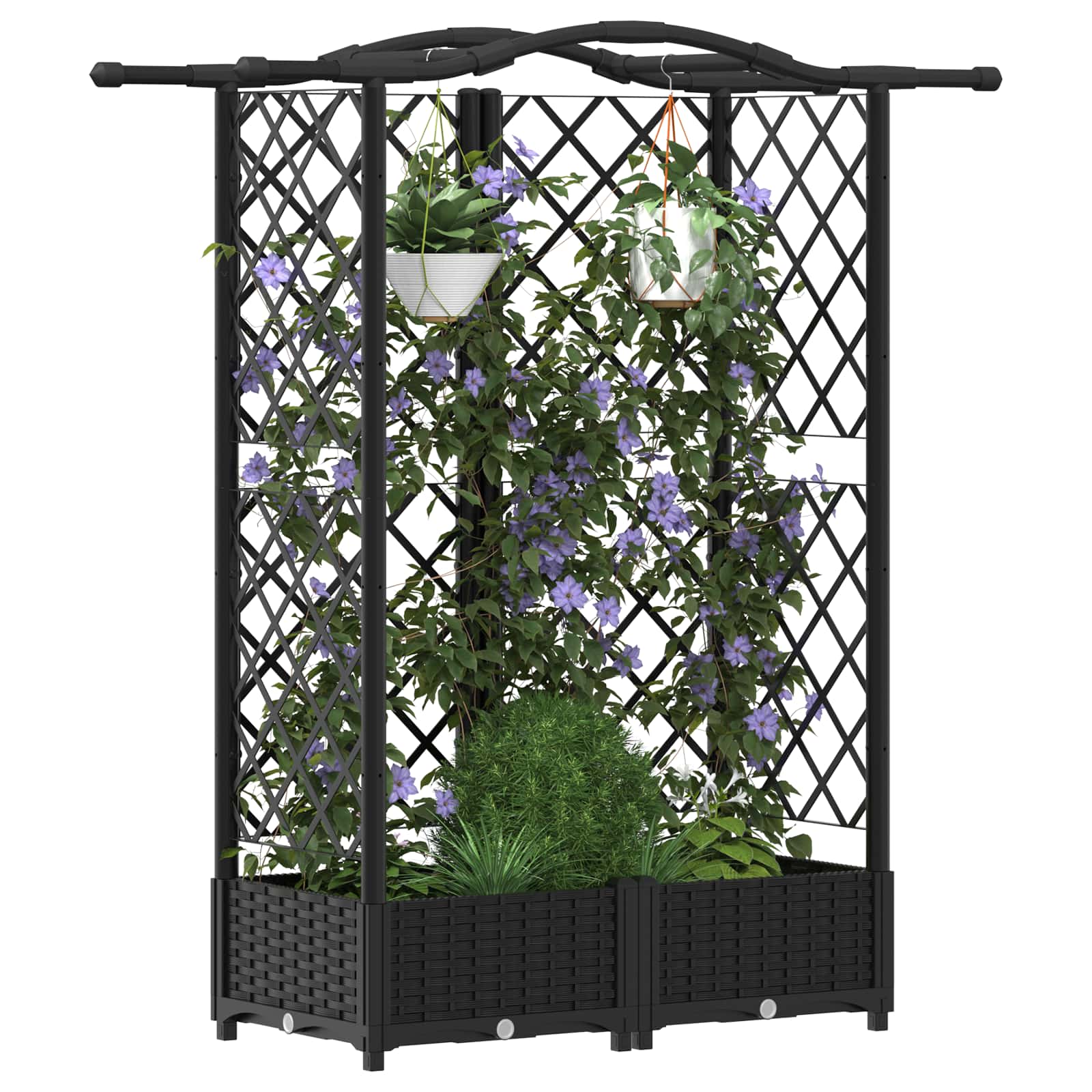 Magasított ágy trellis-szel és tetővel fekete 124 x 40 x 126 cm